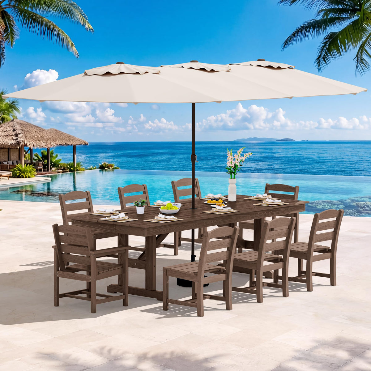 SERWALL Outdoor 84" HDPE Rectangular Dining Table for 6-8,All-Weather,Brown