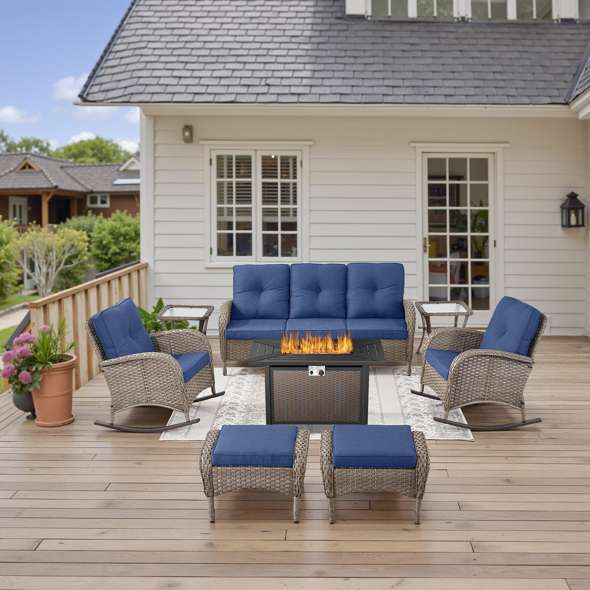 Belord Patio Rocking Chair Wicker Chair, 1 Piece Outdoor Rocking Chair Seating with Cushions for Porch Deck Balcony, Brown/Blue