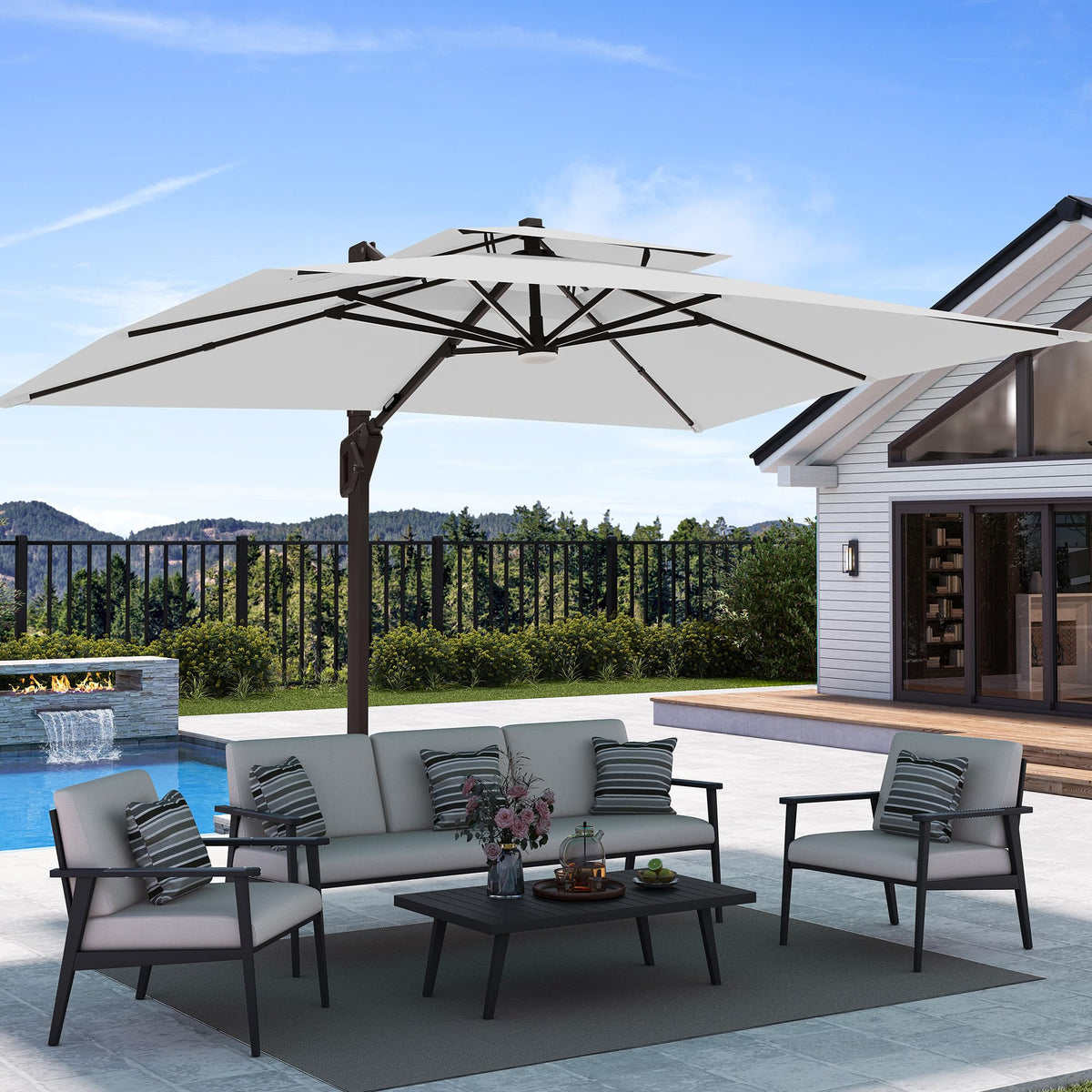 Deconk 9' X 12' Patio Cantilever Outdoor Umbrella with Base and LED Lights
