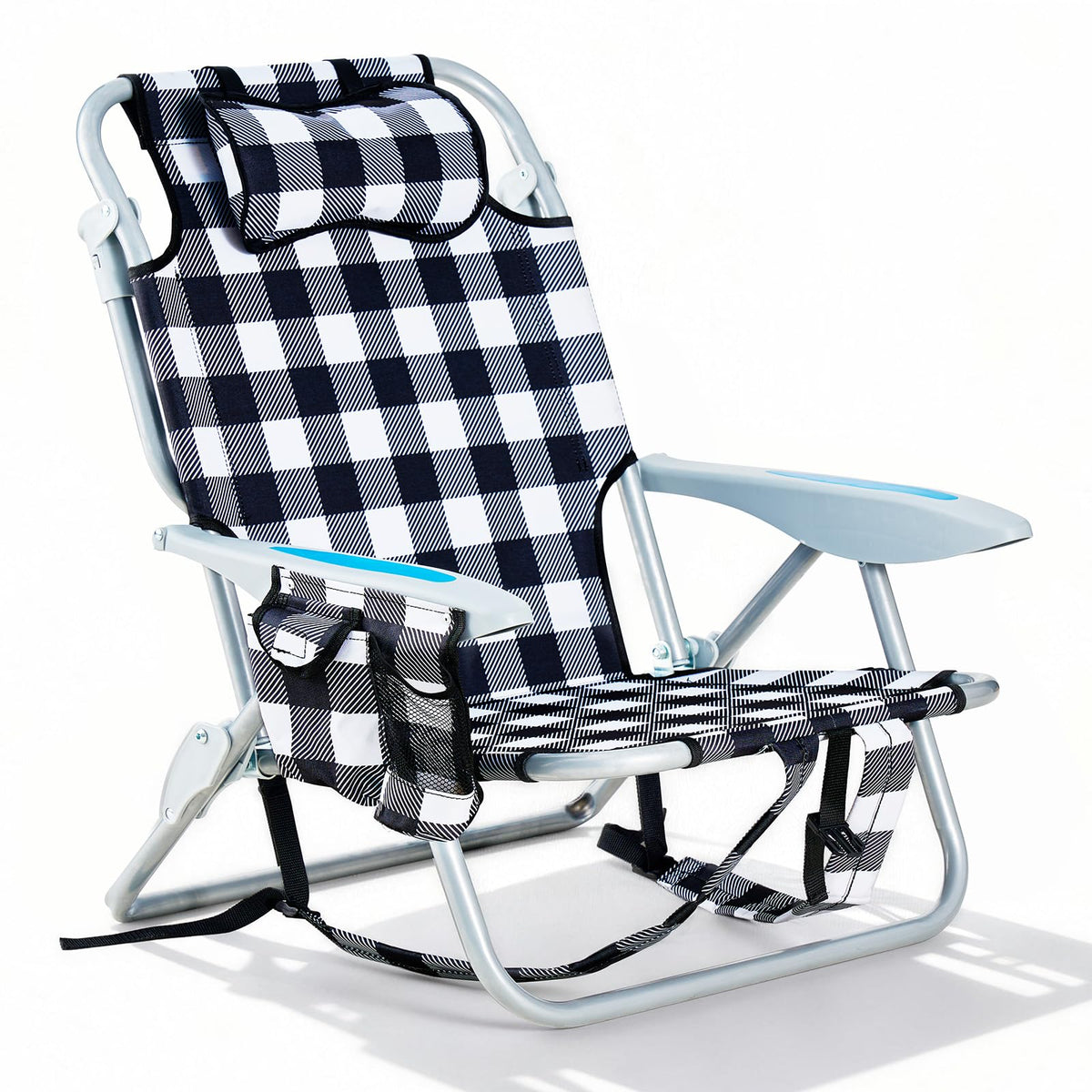 Portable Beach Chair for Adults, Outdoor Camping Chair Lay Flat Folding Backpack Beach Reclining Chair with 5 Positions, Headrest, Zipper Pouch, Cup Holder, Blue