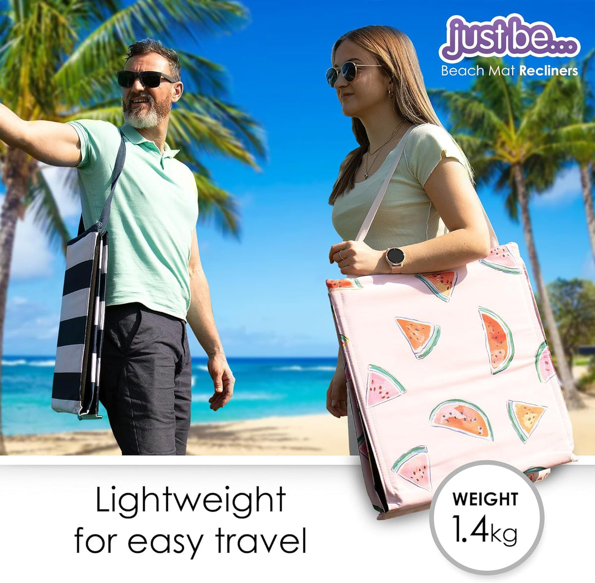 just be... Beach Chair with Backrest, Foldable Lightweight Reclining Beach Mat, Portable Padded Lounge Seat with Carry Strap & Zip Pocket – Pink Stripes