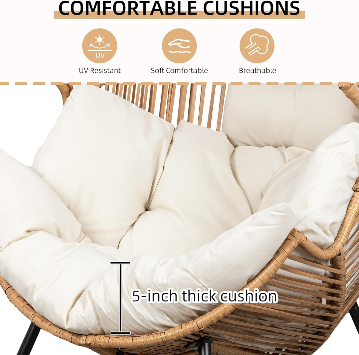 JAMFLY Egg Chair Rocking Chairs, Wicker Patio Chair Oversized Lounger Chair with Cushion for Indoor Living Room Bedroom Outdoor Patio Backyard Balcony Garden, Cream White