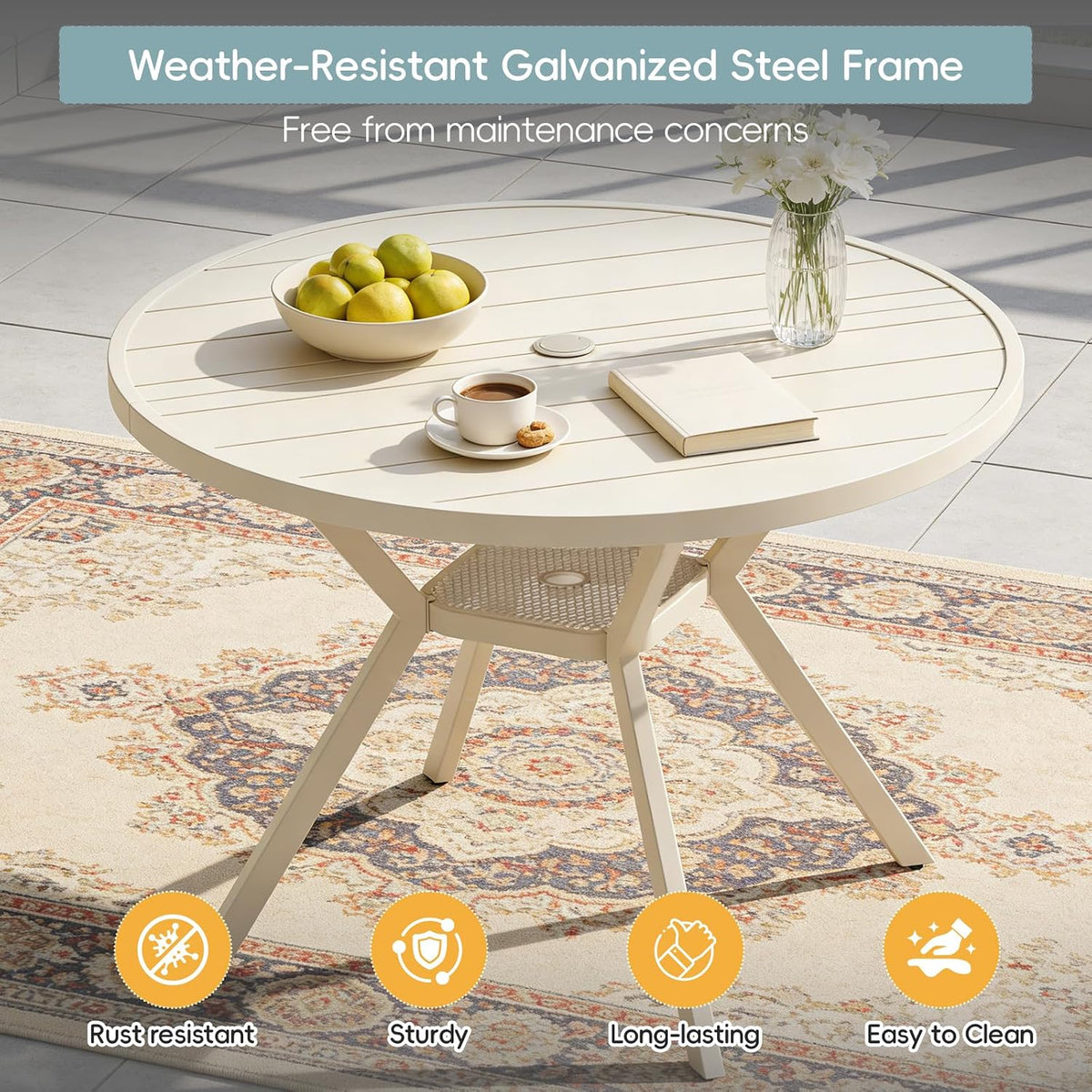 42" Outdoor Patio Table Dining Table All Weather Metal Round Patio Dining Table with Adjustable Umbrella Hole Patio Furniture for Lawn Garden Backyard, Sandshell