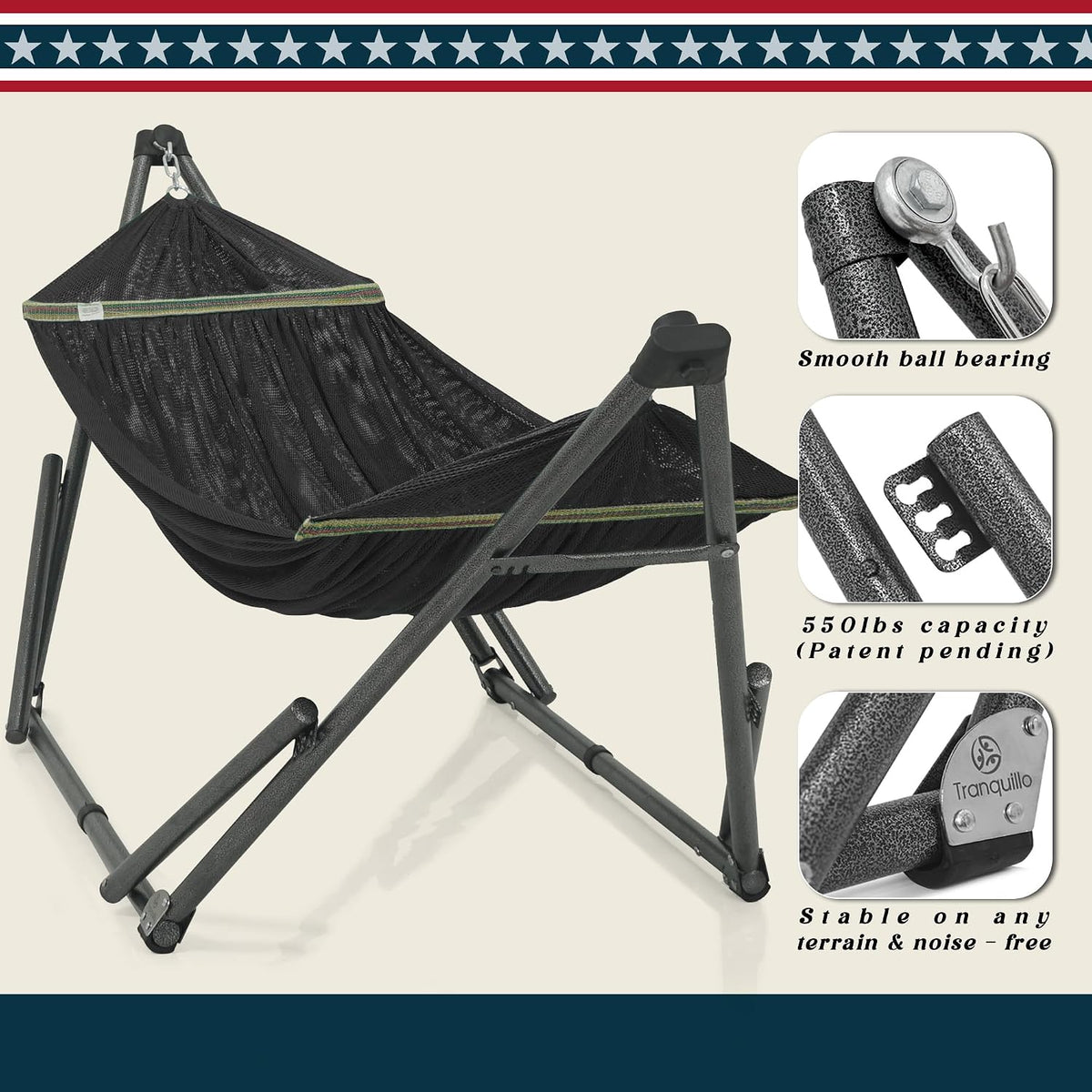 Tranquillo Hammock Stand, Instant 30s Foldable Hammock with Stand, Black