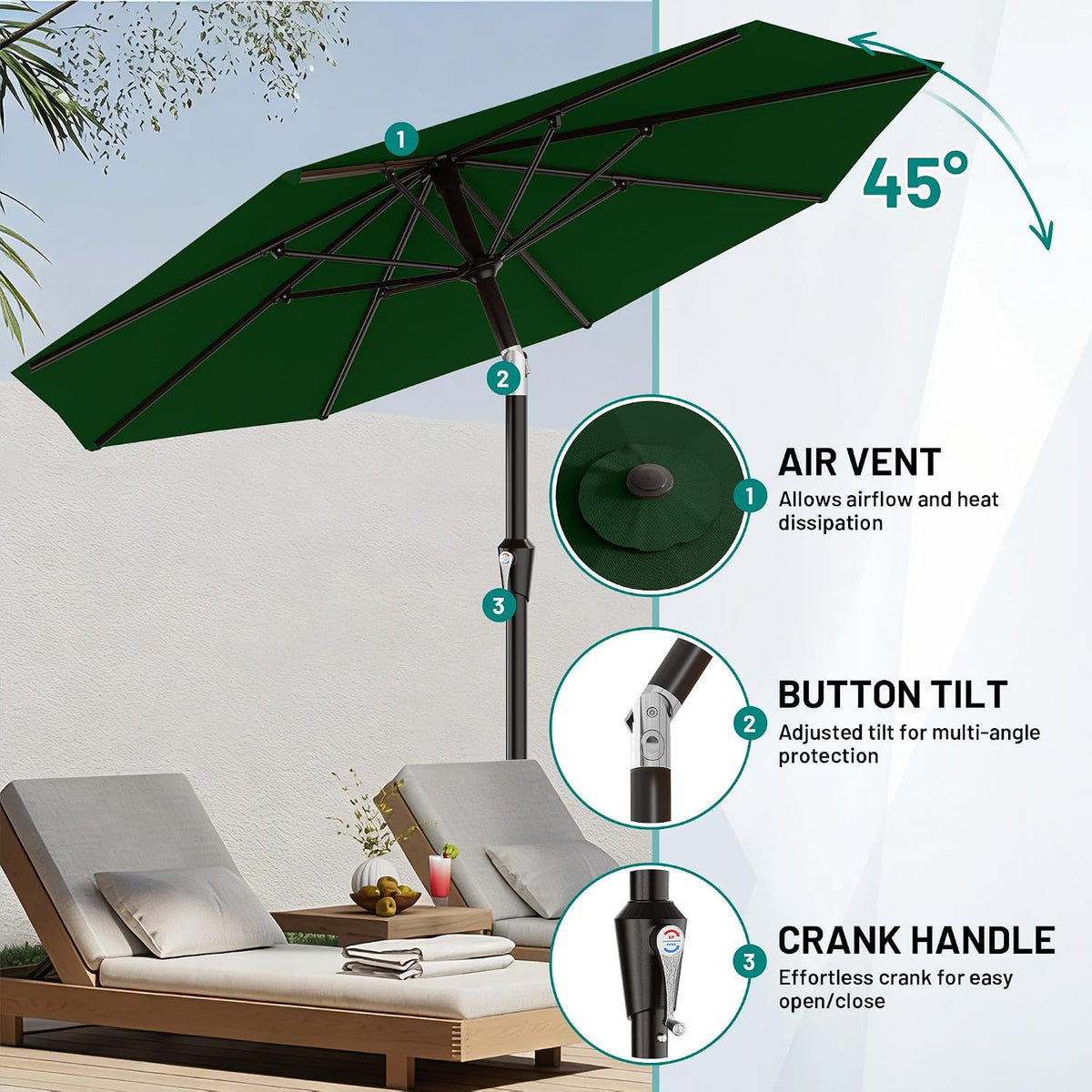 AreShark 9FT Outdoor Patio Umbrella with Tilt and Crank, Dark Green