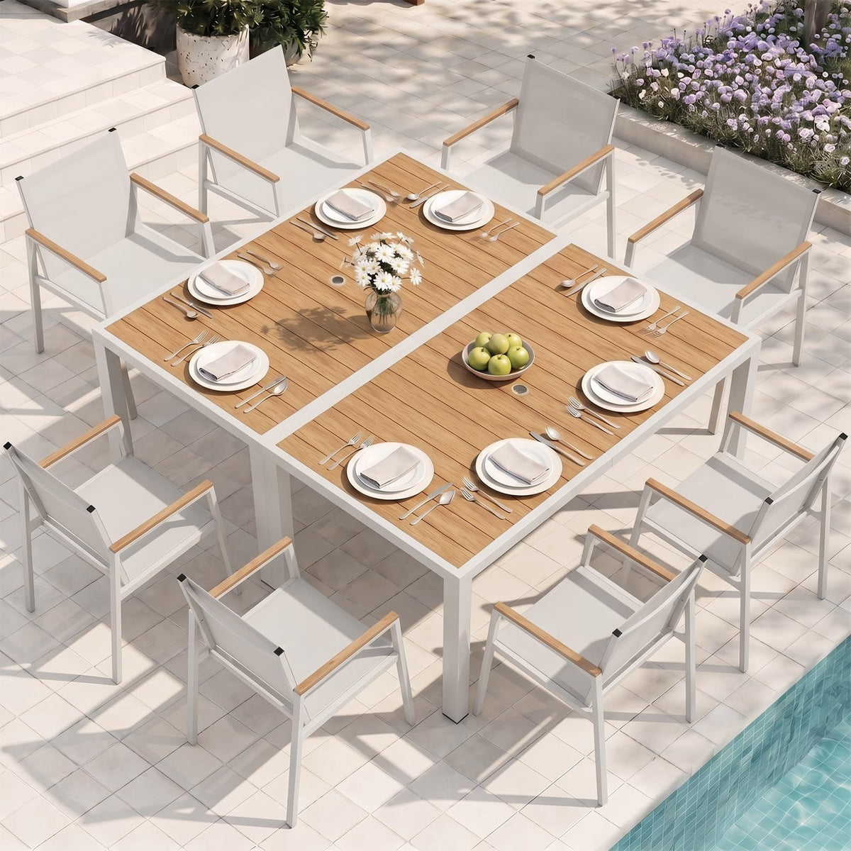 Outdoor Dining Set, 7 Piece Aluminum Patio Table and Chairs Set, All Weather Patio Dining Furniture Set with Umbrella Hole for Backyard, Deck, Poolside (Gray-Teak)