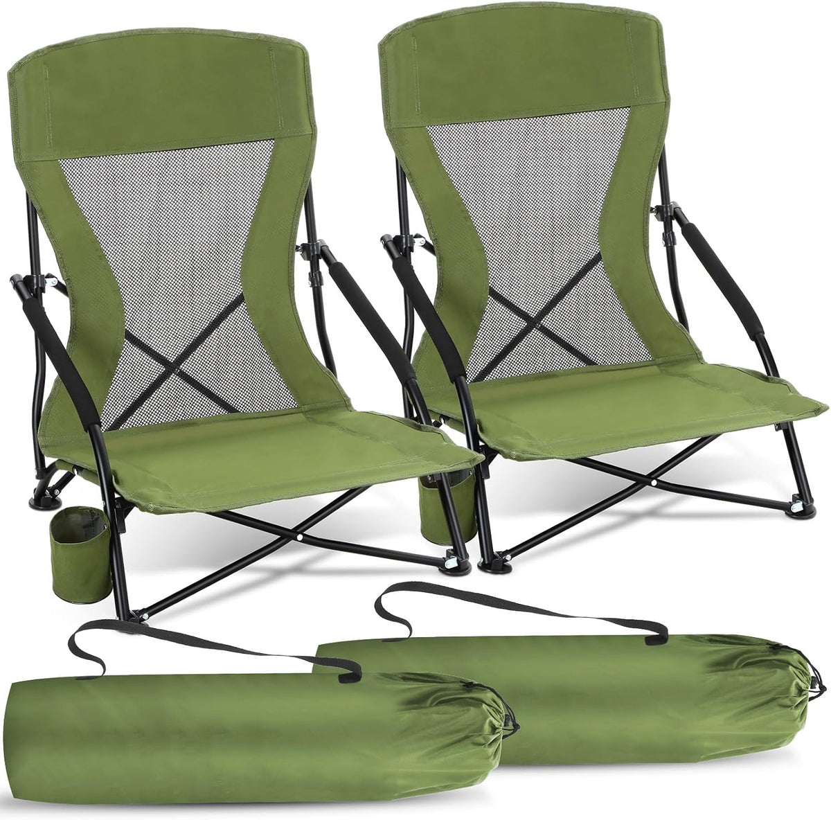 Menkxi 2 Pack Low Beach Chairs for Adults, Portable Folding Sand Chairs with Cup Holder and Carry Bag, Lightweight High Back Camping Chair for Beach Trips, Concerts, BBQ, Lawn, Outdoor (Army Green)