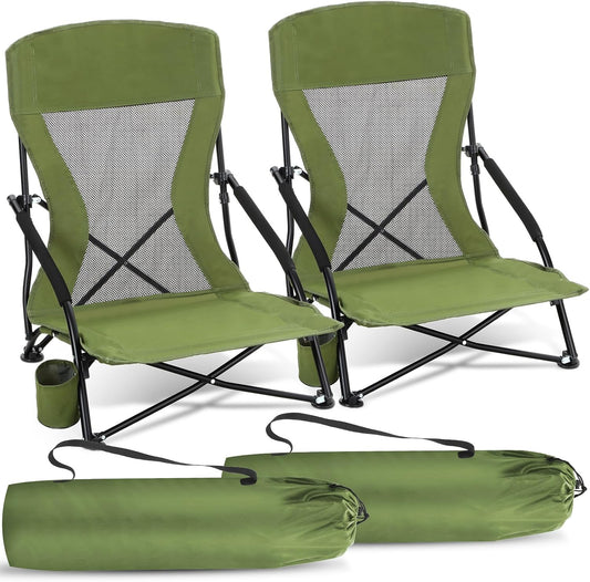 Menkxi 2 Pack Low Beach Chairs for Adults, Portable Folding Sand Chairs with Cup Holder and Carry Bag, Lightweight High Back Camping Chair for Beach Trips, Concerts, BBQ, Lawn, Outdoor (Army Green)