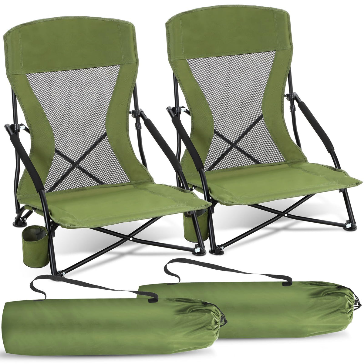 Menkxi 2 Pack Low Beach Chairs for Adults, Portable Folding Sand Chairs with Cup Holder and Carry Bag, Lightweight High Back Camping Chair for Beach Trips, Concerts, BBQ, Lawn, Outdoor (Army Green)