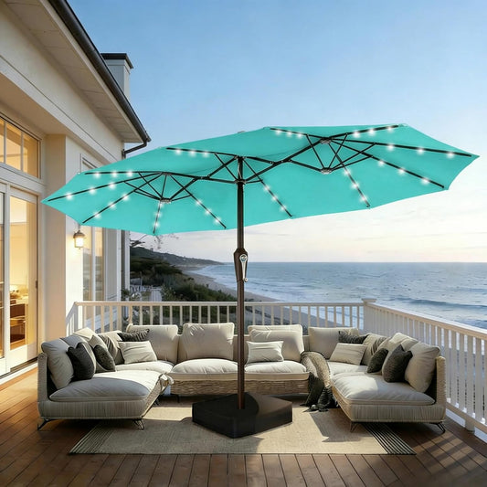 15FT Patio Umbrella with Solar Lights, Double-Sided Extra Large Outdoor Table Umbrella with Base Included, Heavy-Duty 12 Iron Ribs Market Umbrella for Garden, Pool, Backyard, Turquoise Blue