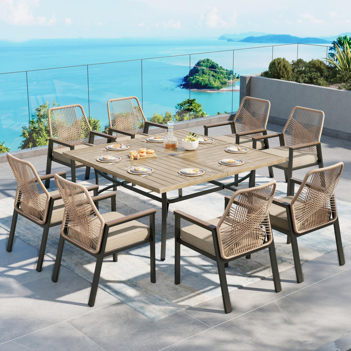 SUNSHINE VALLEY 9pc Patio Dining Set, 57.5" Square Table & 8 Rattan Chairs