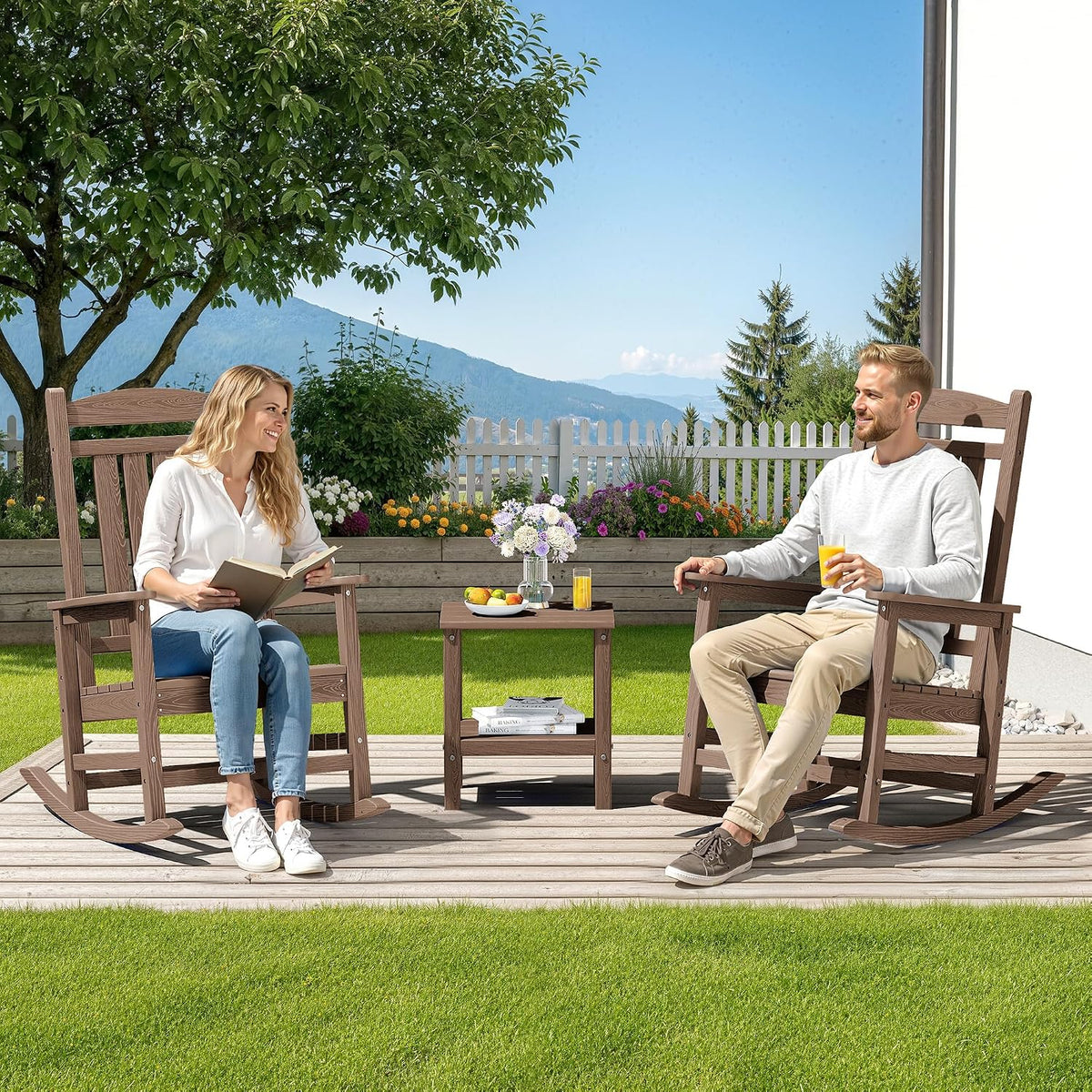 SERWALL Outdoor Rocking Chair Set of 2, Patio Rocking Chair, Brown