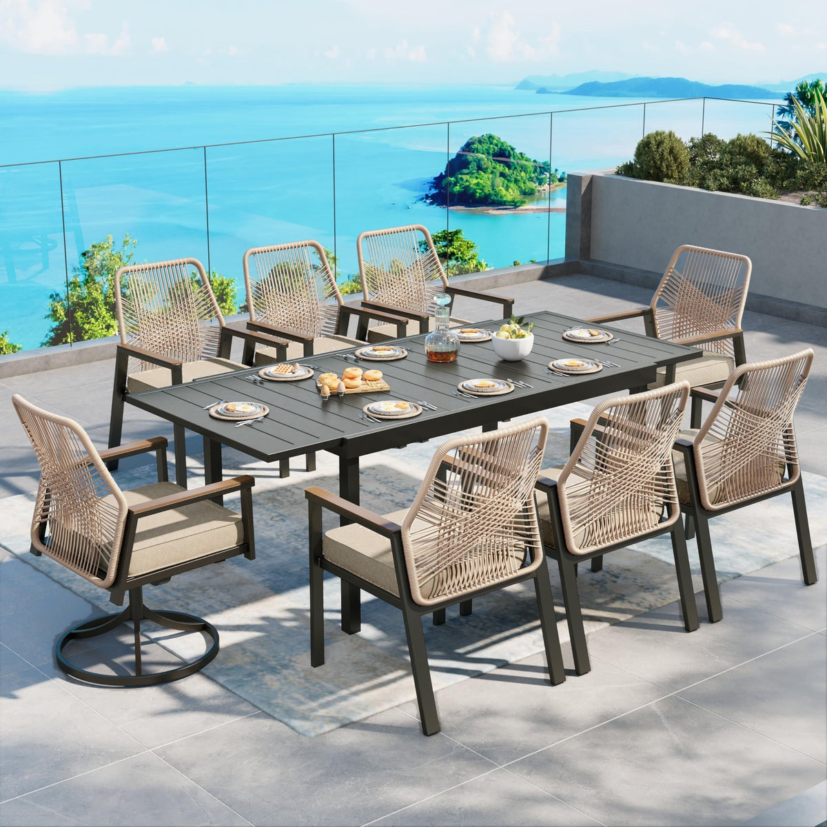 SUNSHINE VALLEY 9pc Patio Dining Set, 57.5" Square Table & 8 Rattan Chairs