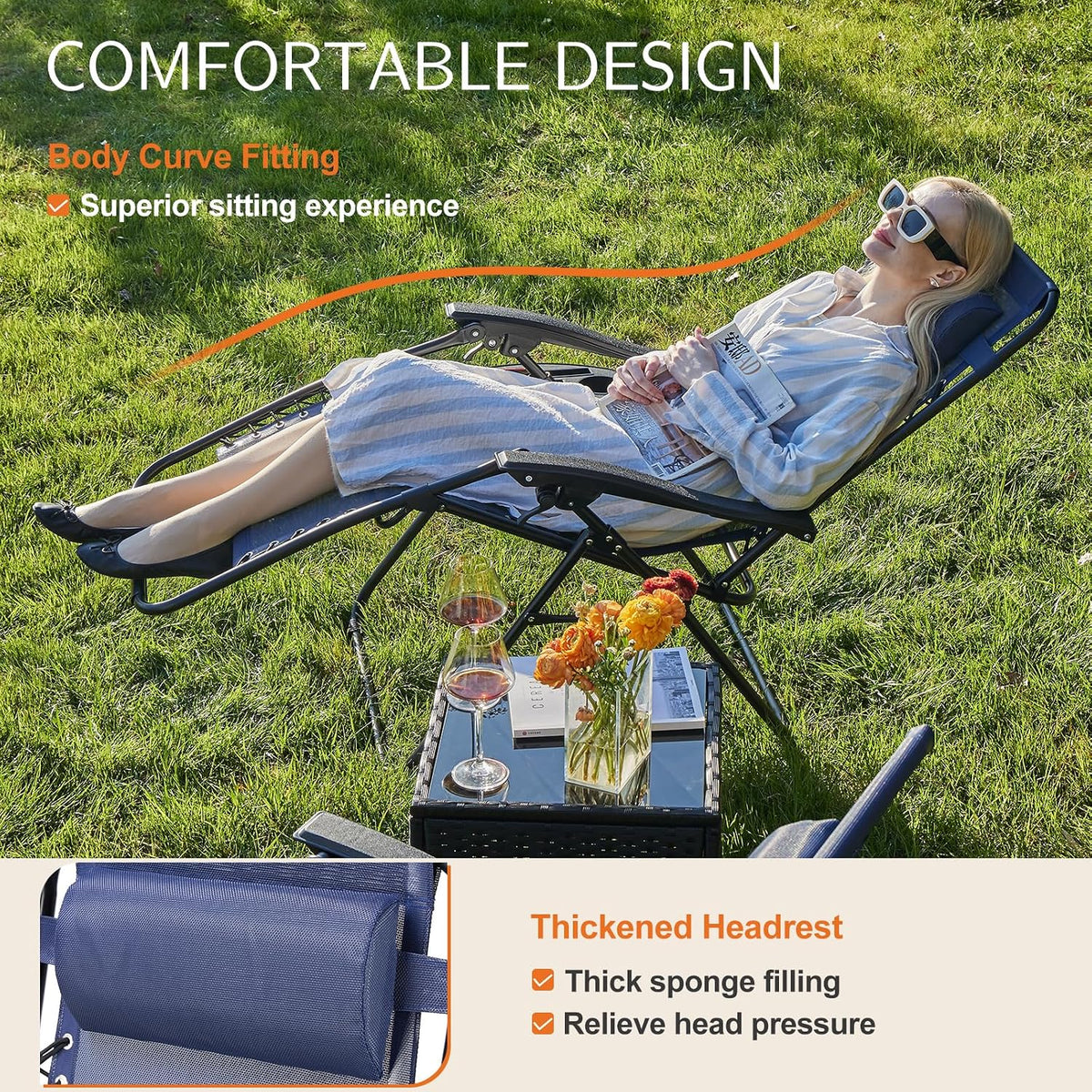 Sweetcrispy Zero Gravity Chairs Set of 2, Outdoor Folding Reclining Lounge Chair with Cup Holder Tray & Adjustable Pillow, Portable Camping Beach Patio Poolside Lawn Yard Chair, Classic Blue