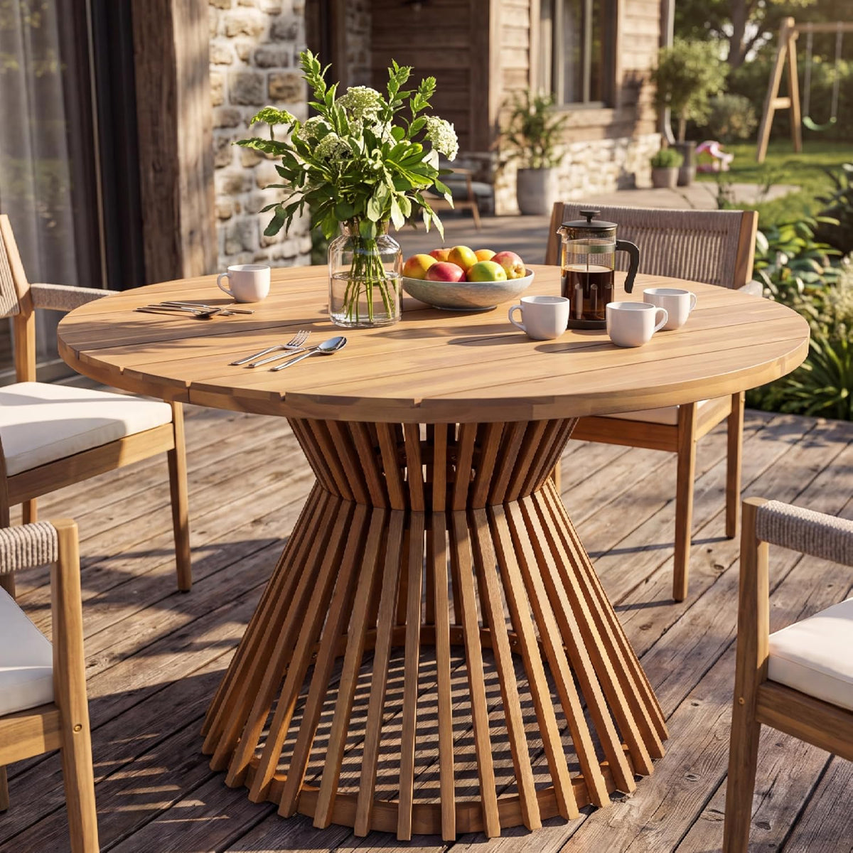 Christopher Knight Home Hachi Farmhouse Acacia Wood Round Dining Table, Patio Dining Room Table with Slatted Pedestal Base for Backyard/Garden, Heavy Duty Indoor/Outdoor Dining Table, Light Teak
