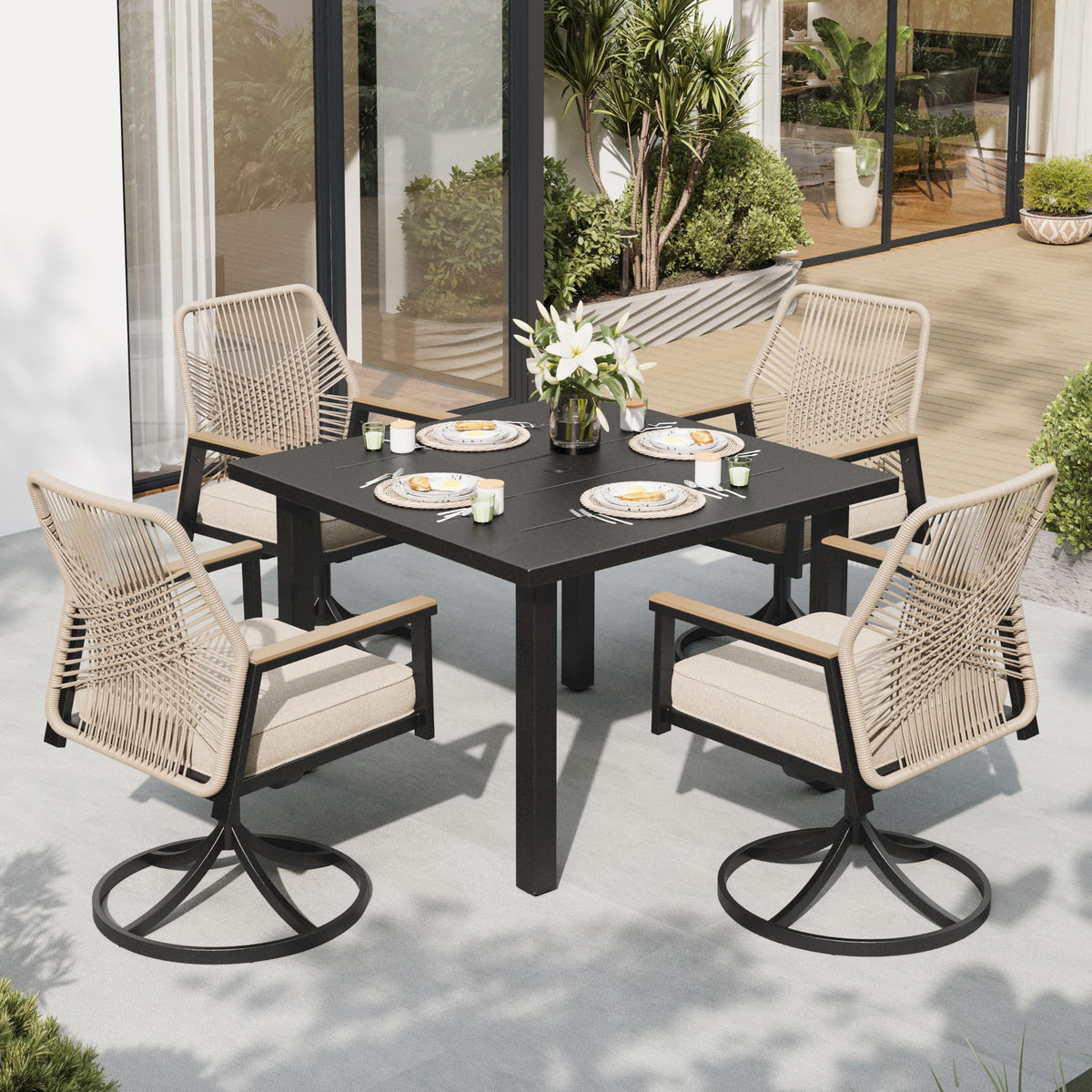 SUNSHINE VALLEY 9pc Patio Dining Set, 57.5" Square Table & 8 Rattan Chairs