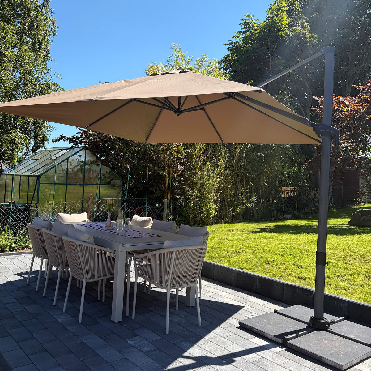 PURPLE LEAF Patio Umbrella with Base 9' x 11.5' 360° Rotation Control Beige