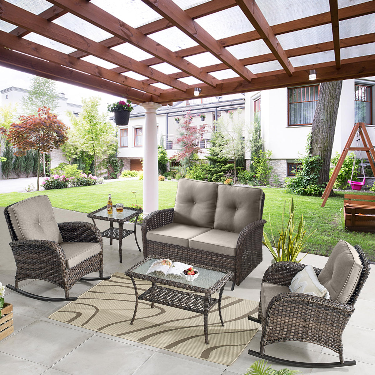 Belord Patio Rocking Chair Wicker Chair, 1 Piece Outdoor Rocking Chair Seating with Cushions for Porch Deck Balcony, Brown/Blue