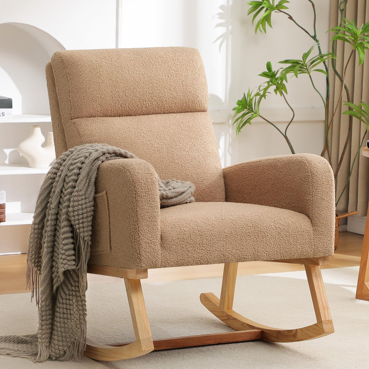 HCHAIRH Rocking Chair Nursery, Boucle Teddy Nursing Rocking Chairs, Upholstered Nursery Glider Rocker for Mom Nursery Morden Accent Rocking Chair with Side Pocket for Living Room,Bedroom, Light Green
