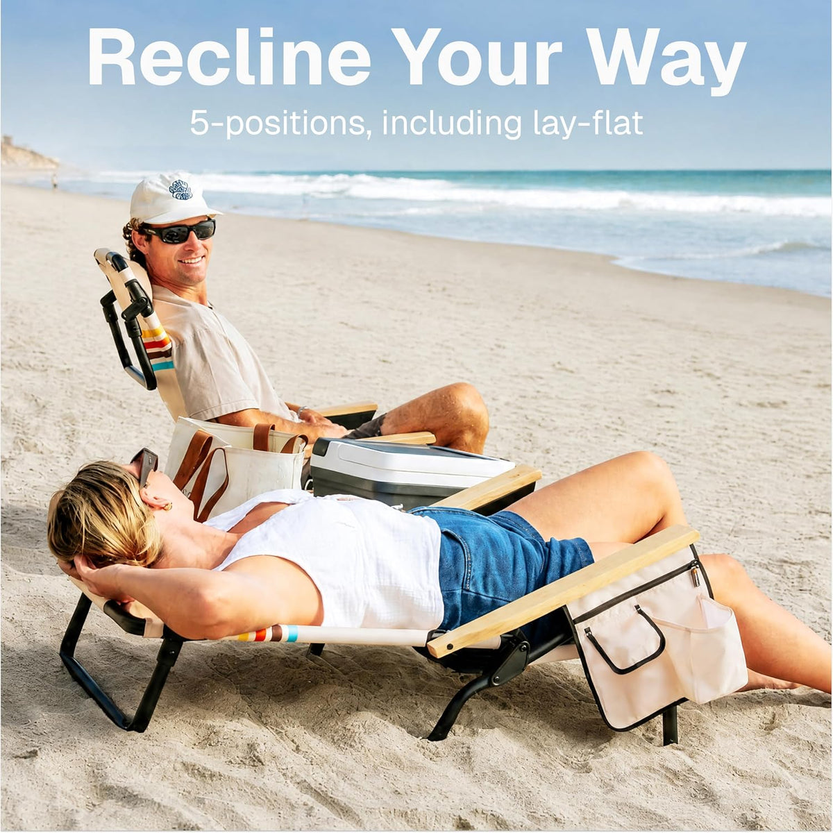 WOVN Premium Reclining Beach Chairs - Portable Lay Flat Folding Beach Chair for Adults - Includes Shoulder Backpack Strap, Pillow, 2 Pockets, and Cup Holder - Drifter