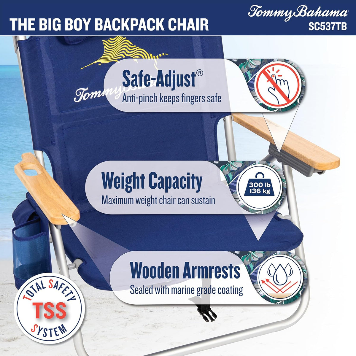 Tommy Bahama Wide Seat Big Boy 4-Position Folding 13" High Seat Backpack Beach or Camping Chair, Navy