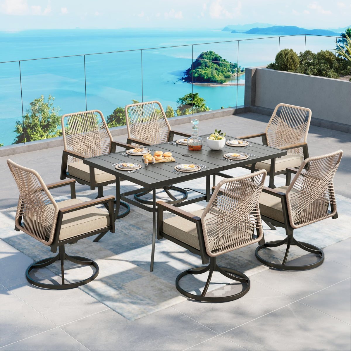 SUNSHINE VALLEY 9pc Patio Dining Set, 57.5" Square Table & 8 Rattan Chairs