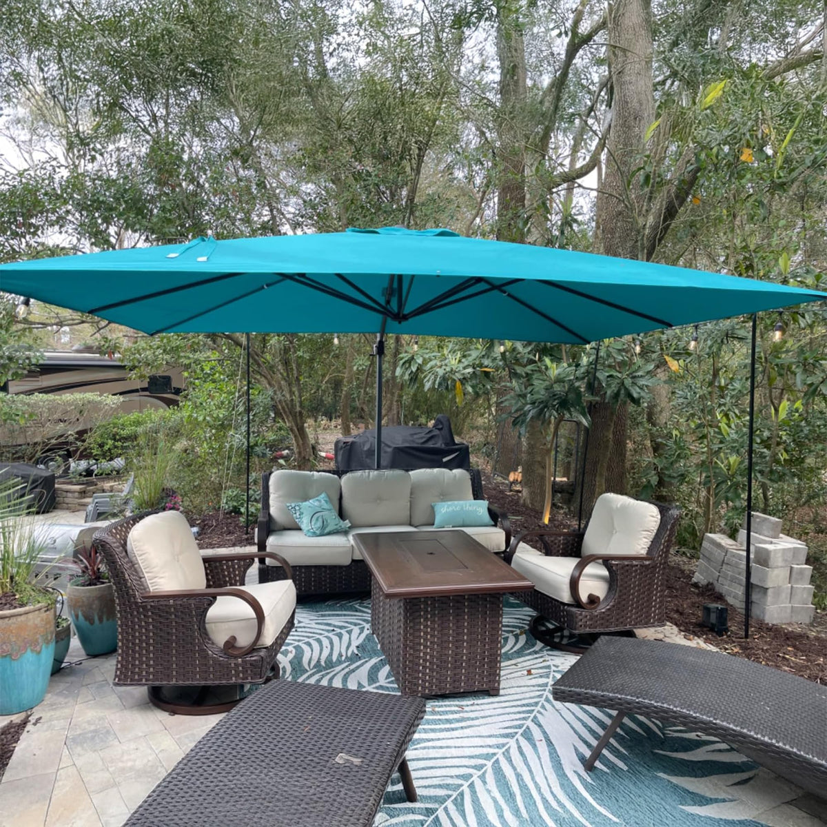 PURPLE LEAF Patio Umbrella with Base 9' x 11.5' 360° Rotation Control Beige
