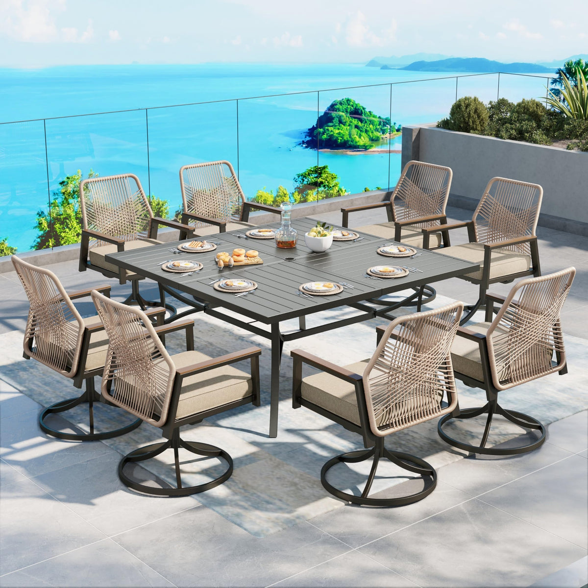 SUNSHINE VALLEY 9pc Patio Dining Set, 57.5" Square Table & 8 Rattan Chairs