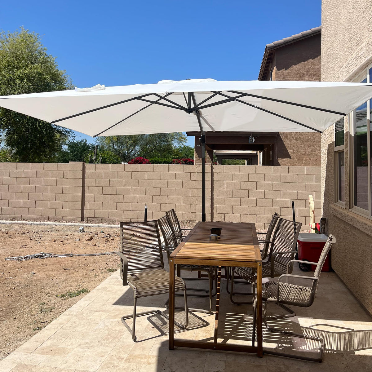 PURPLE LEAF Patio Umbrella with Base 9' x 11.5' 360° Rotation Control Beige
