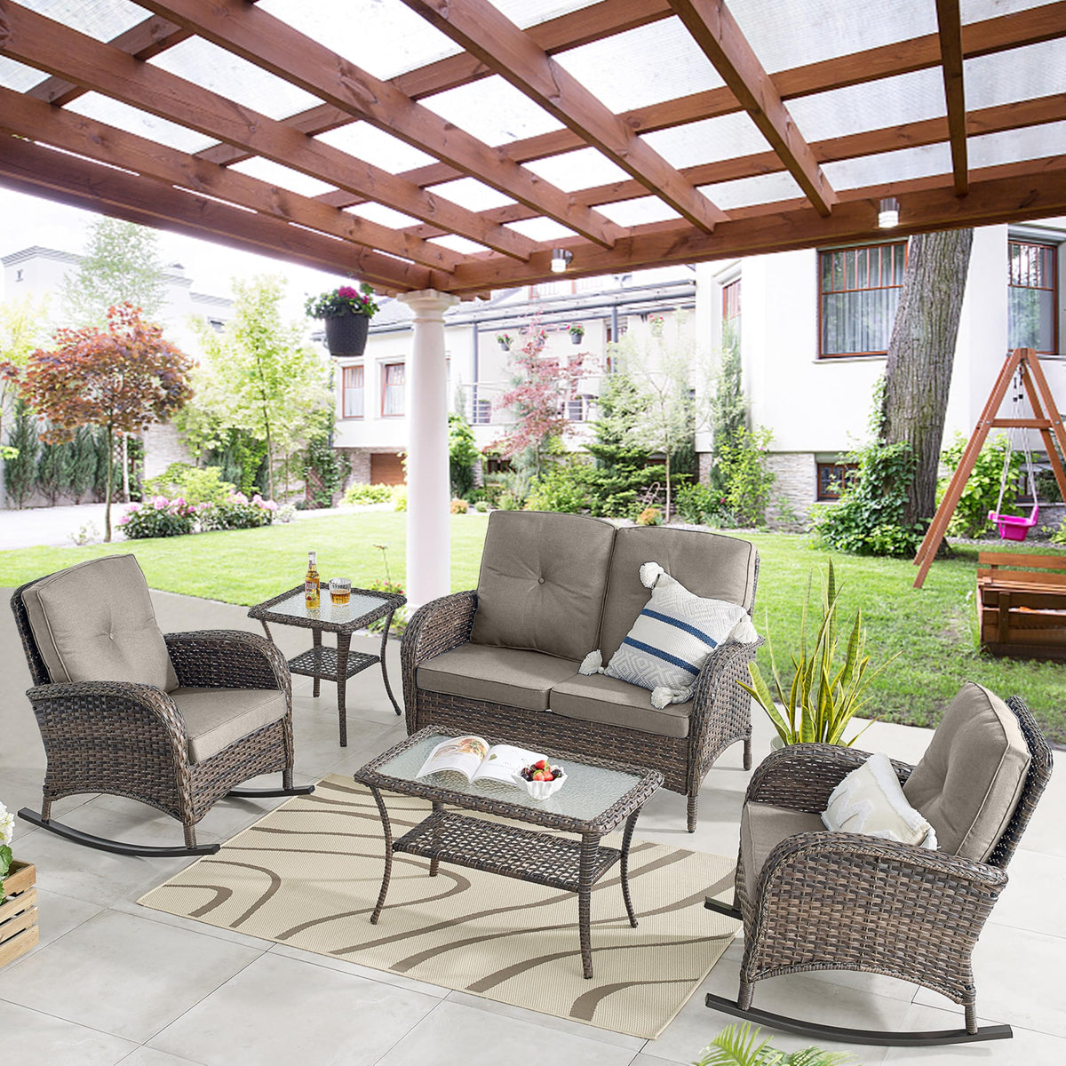 Belord Patio Rocking Chair Wicker Chair, 1 Piece Outdoor Rocking Chair Seating with Cushions for Porch Deck Balcony, Brown/Blue