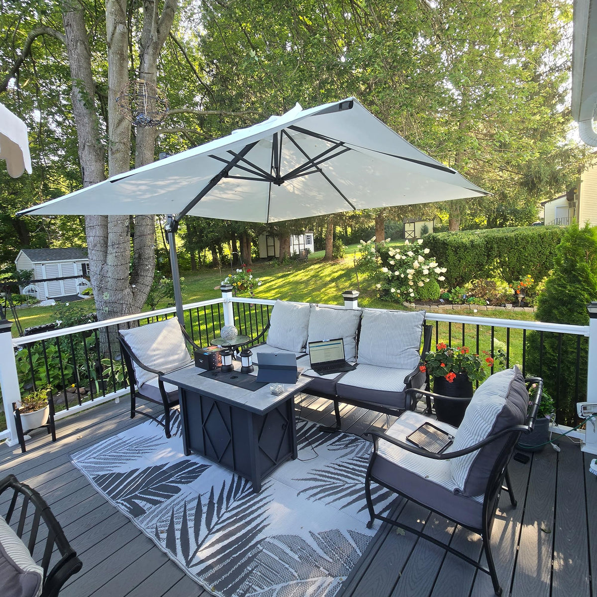 PURPLE LEAF Patio Umbrella with Base 9' x 11.5' 360° Rotation Control Beige