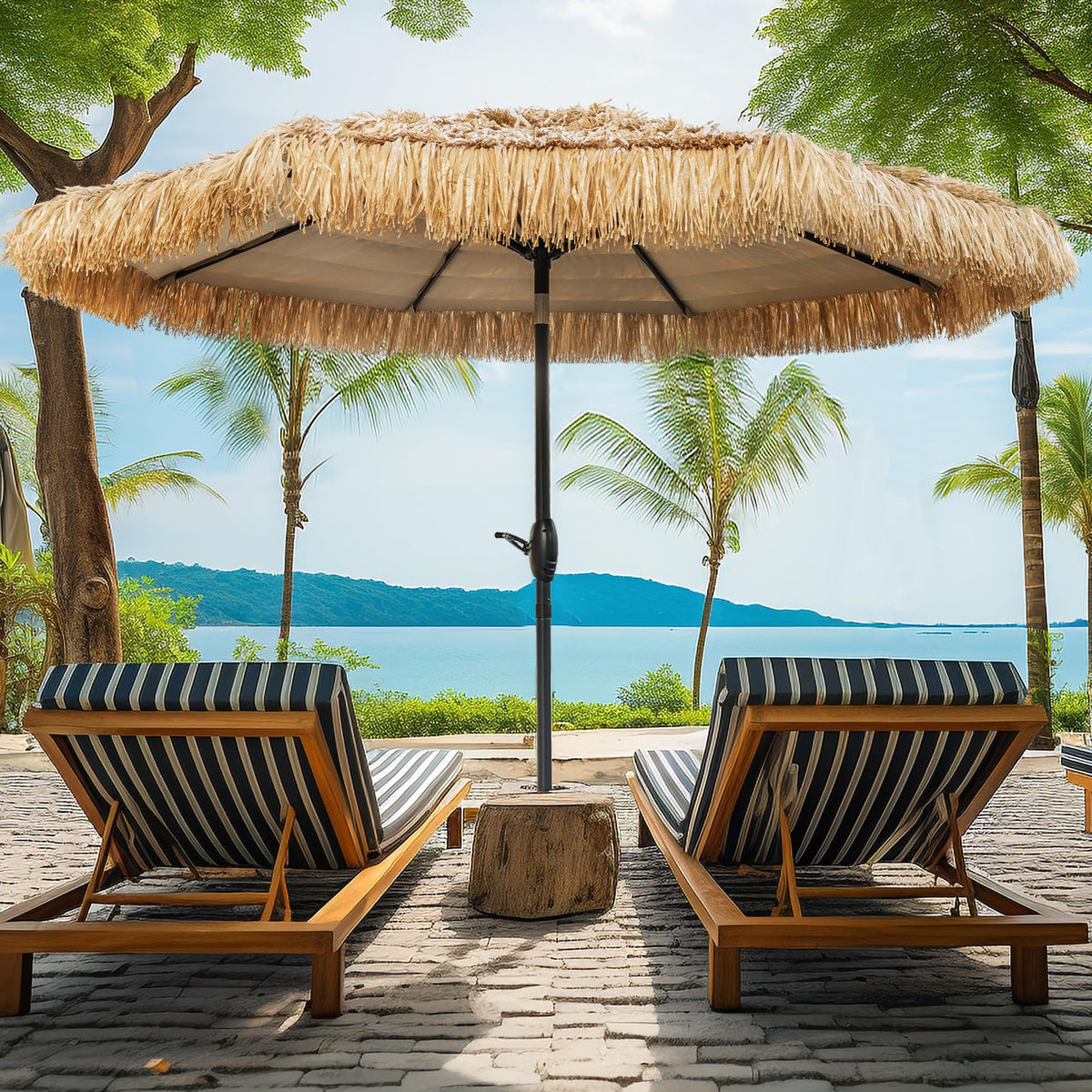 9FT Solar Tiki Thatched Umbrella With 32 LED+1 Centre Lights for Outdoor