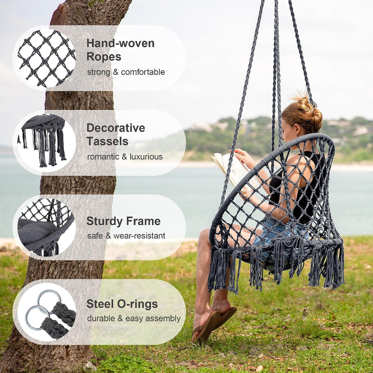 SUNCREAT Hammock Chair Hanging Macrame Swing with Hardware Kits, Grey