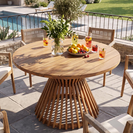 Christopher Knight Home Hachi Farmhouse Acacia Wood Round Dining Table, Patio Dining Room Table with Slatted Pedestal Base for Backyard/Garden, Heavy Duty Indoor/Outdoor Dining Table, Light Teak