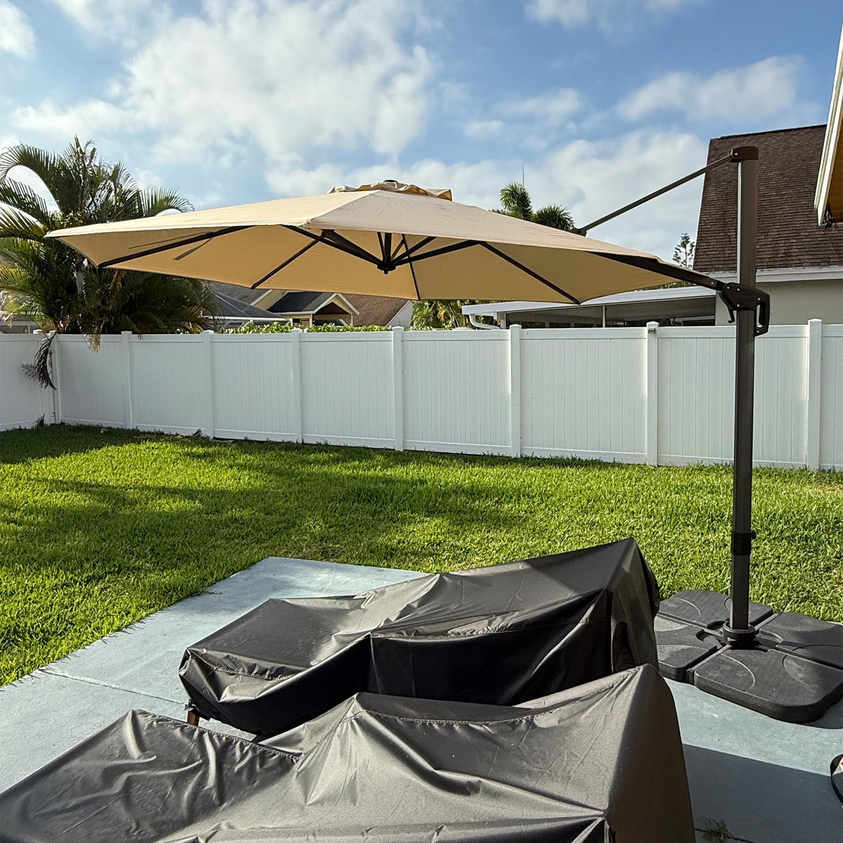 PURPLE LEAF Patio Umbrella with Base 9' x 11.5' 360° Rotation Control Beige