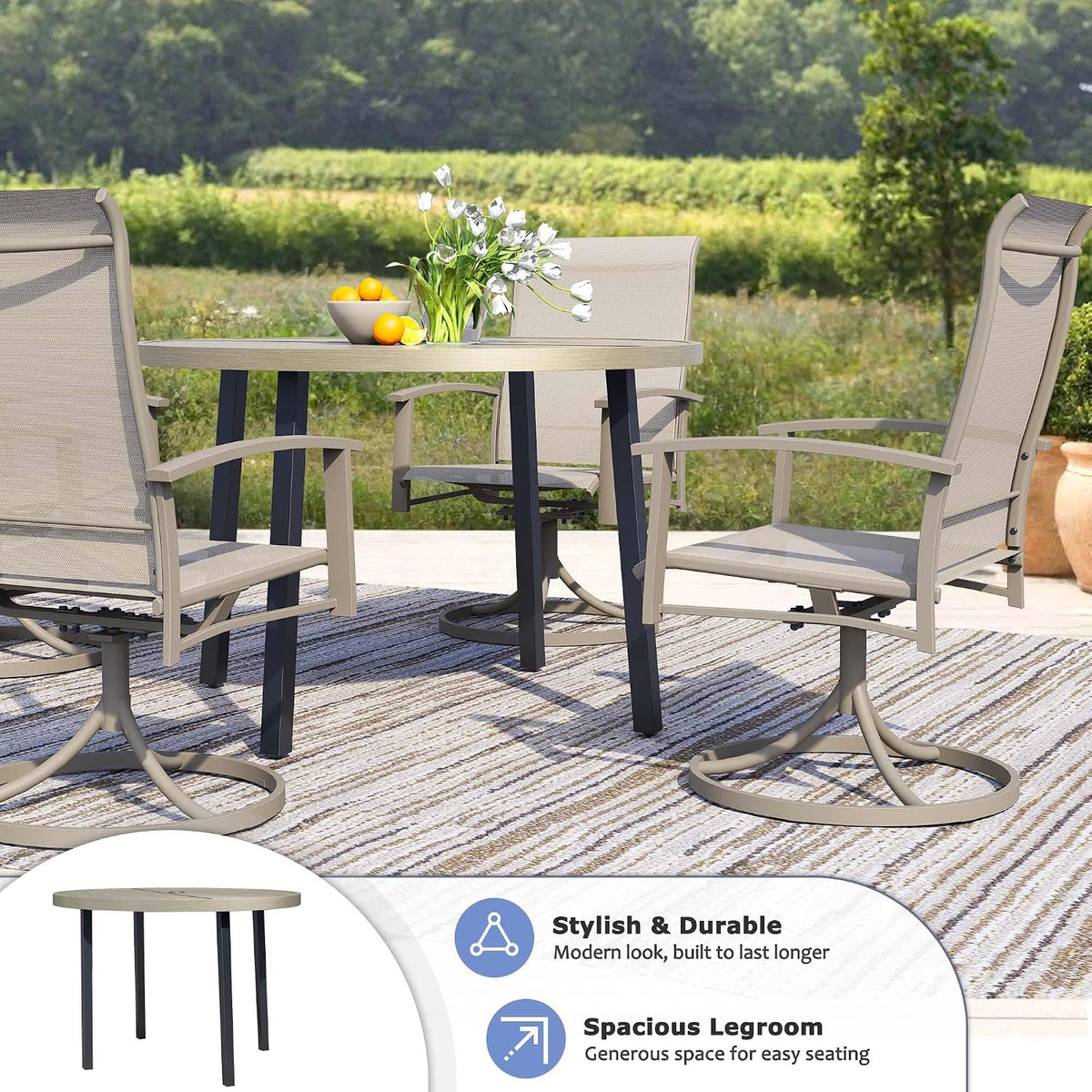 42" Round Patio Dining Table for 4, All-Weather Metal Patio Table with Umbrella Hole, Outdoor Round Dining Table for Lawn Garden Porch, Honey Oak