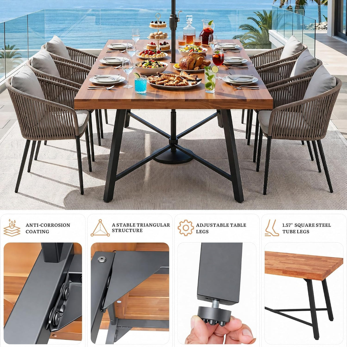 DWVO Industrial Acacia Wood Dining Table 68.9", Heavy Duty Outdoor Rectangle Table with Metal Legs, 500lbs Capacity Patio Dining Table with Umbrella Hole for 6-8 People Indoor Outdoor Use