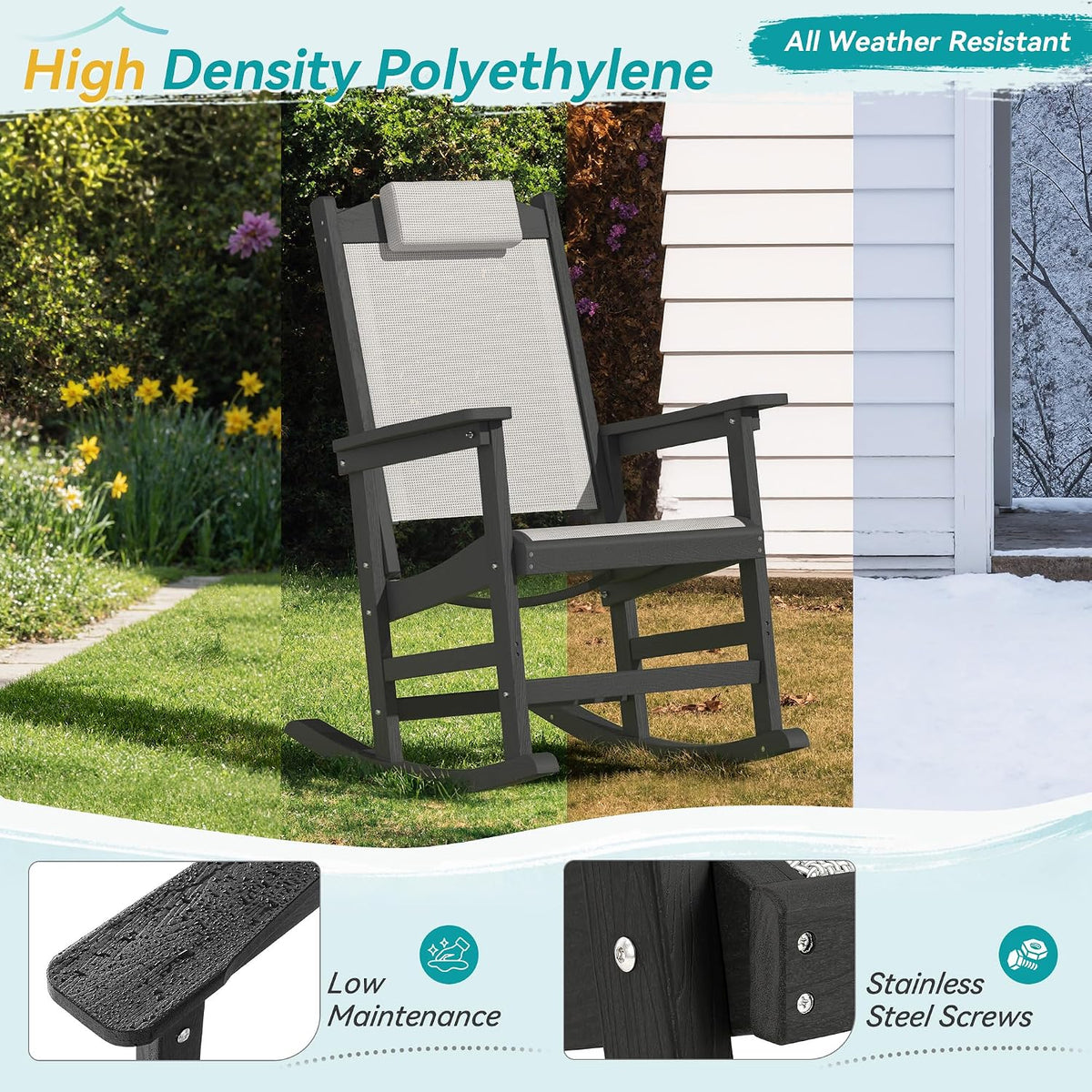 Outdoor Rocking Chair Set of 2 with Removable Headrest, HDPE All-Weather Rocker with Breathable Textilene, Patio Rocking Chairs for Adult, High Back Smooth for Porch, Garden, Lawn, Black