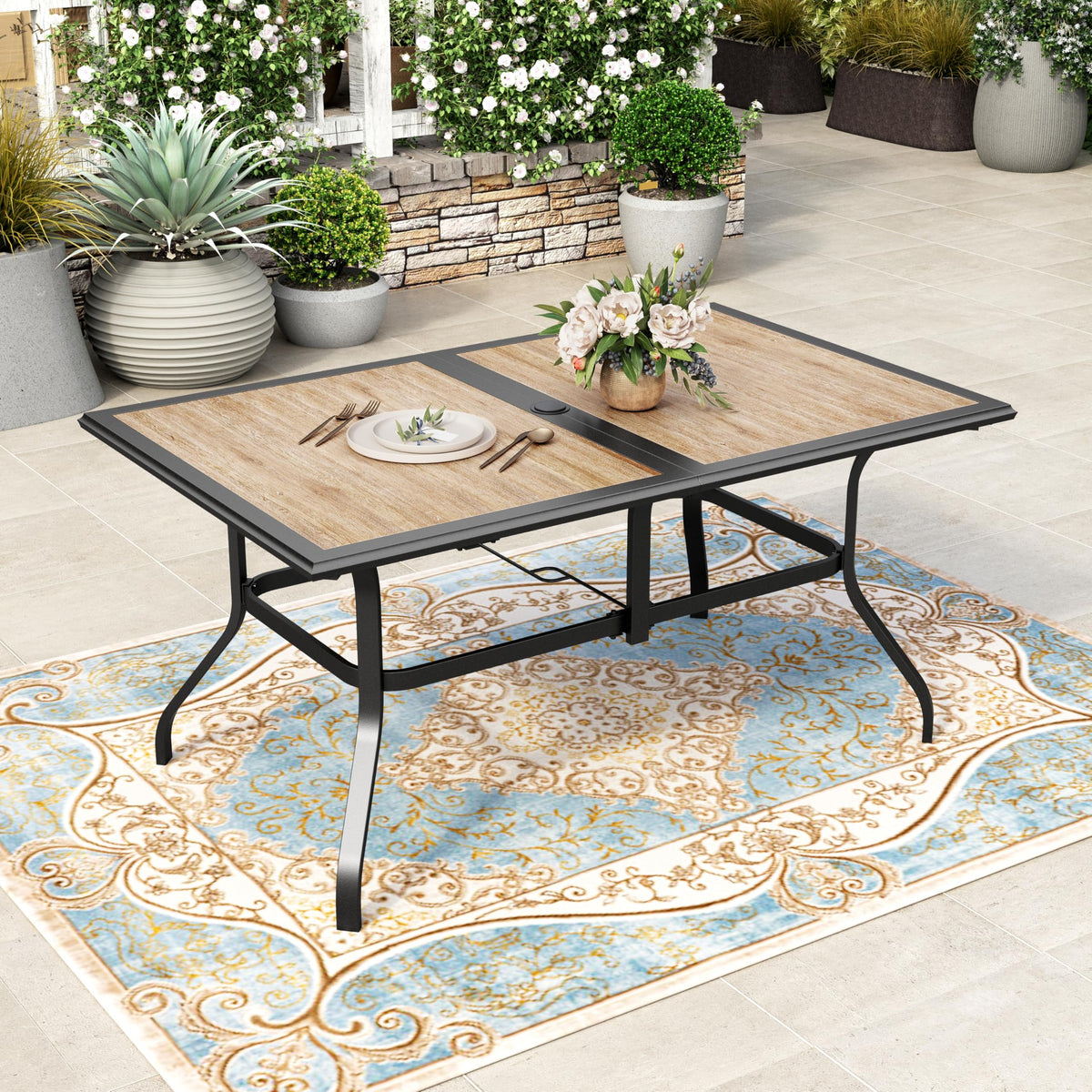 HERA'S HOUSE Outdoor Dining Table for 6, Brown Metal Table w/Umbrella Hole