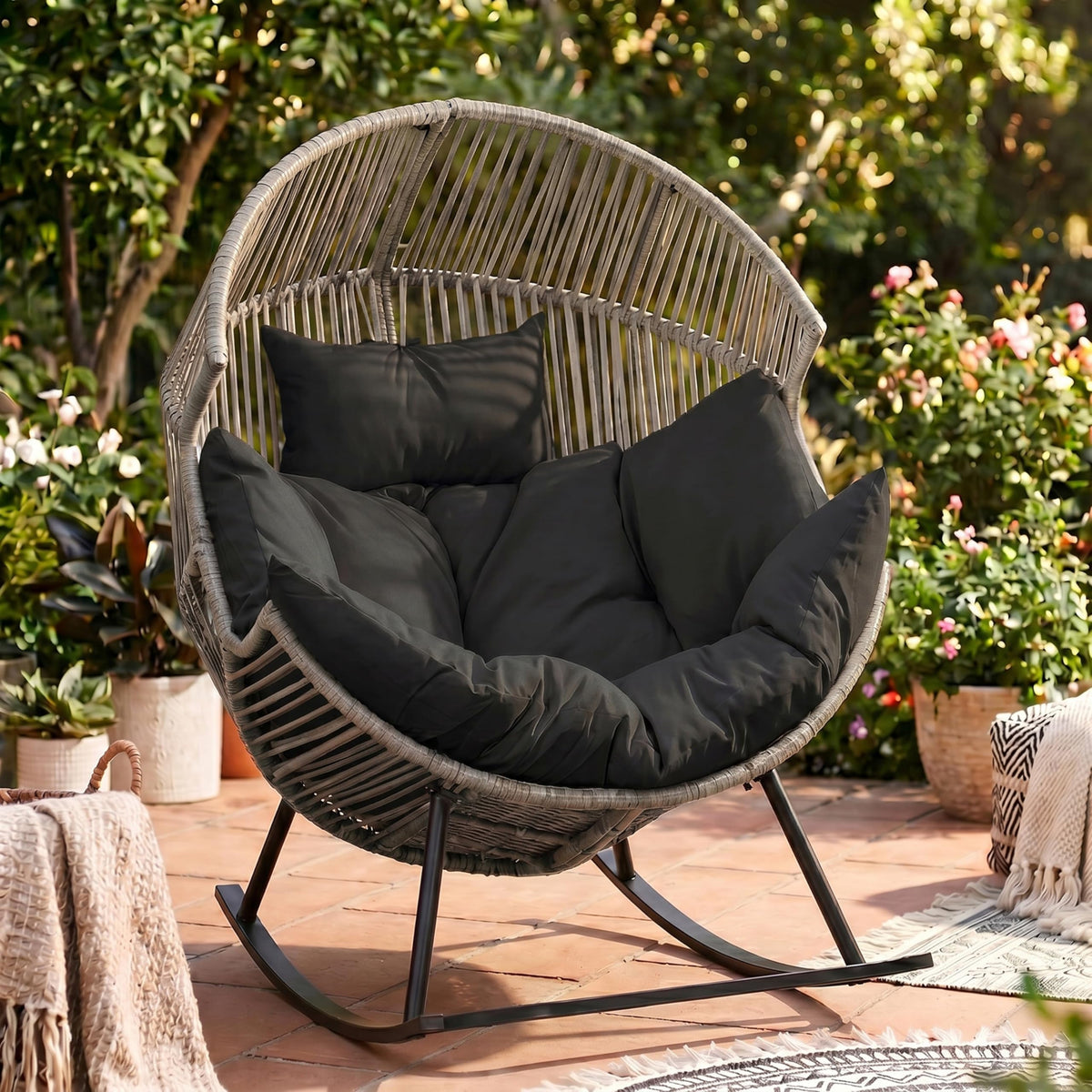 JAMFLY Egg Chair Rocking Chairs, Wicker Patio Chair Oversized Lounger Chair with Cushion for Indoor Living Room Bedroom Outdoor Patio Backyard Balcony Garden, Cream White