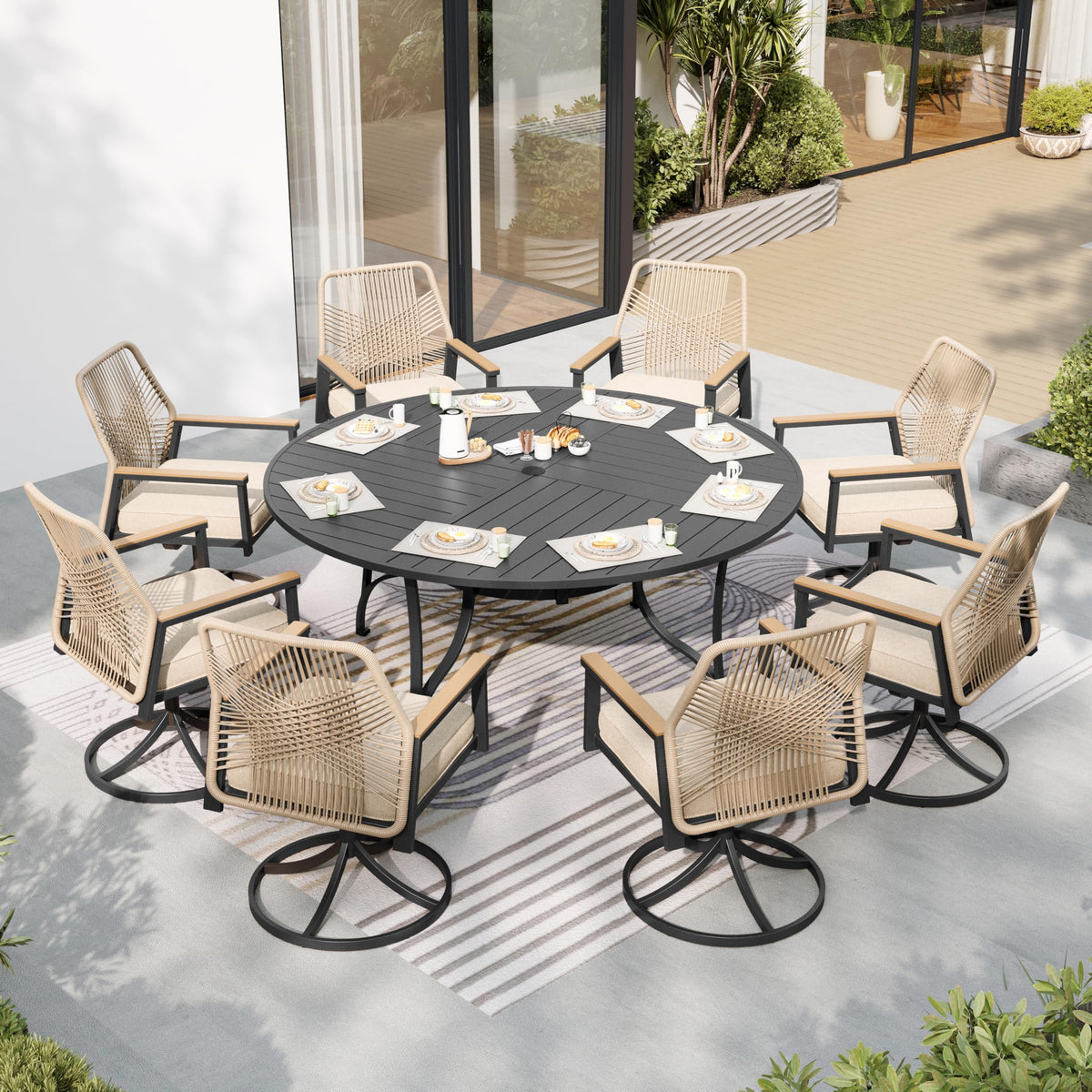SUNSHINE VALLEY 9pc Patio Dining Set, 57.5" Square Table & 8 Rattan Chairs