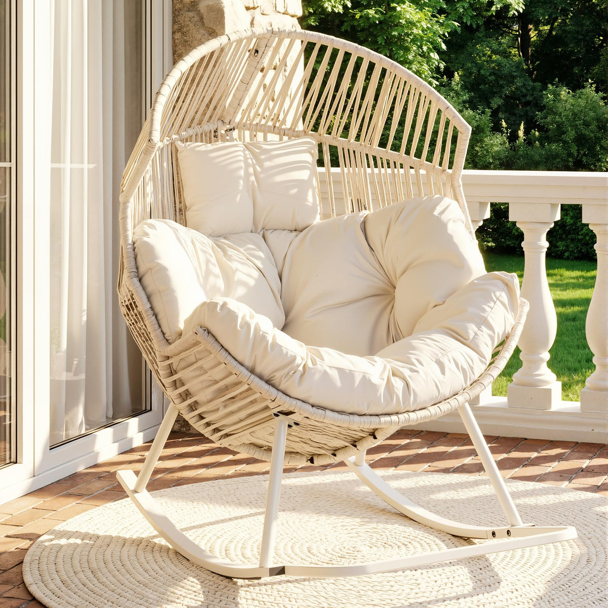 JAMFLY Egg Chair Rocking Chairs, Wicker Patio Chair Oversized Lounger Chair with Cushion for Indoor Living Room Bedroom Outdoor Patio Backyard Balcony Garden, Cream White