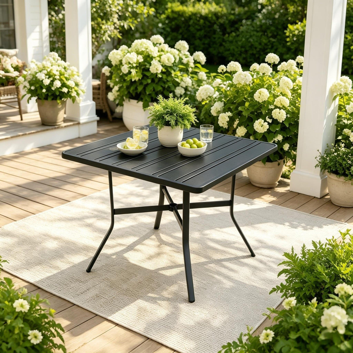 42" Round Patio Dining Table for 4, All-Weather Metal Patio Table with Umbrella Hole, Outdoor Round Dining Table for Lawn Garden Porch, Honey Oak