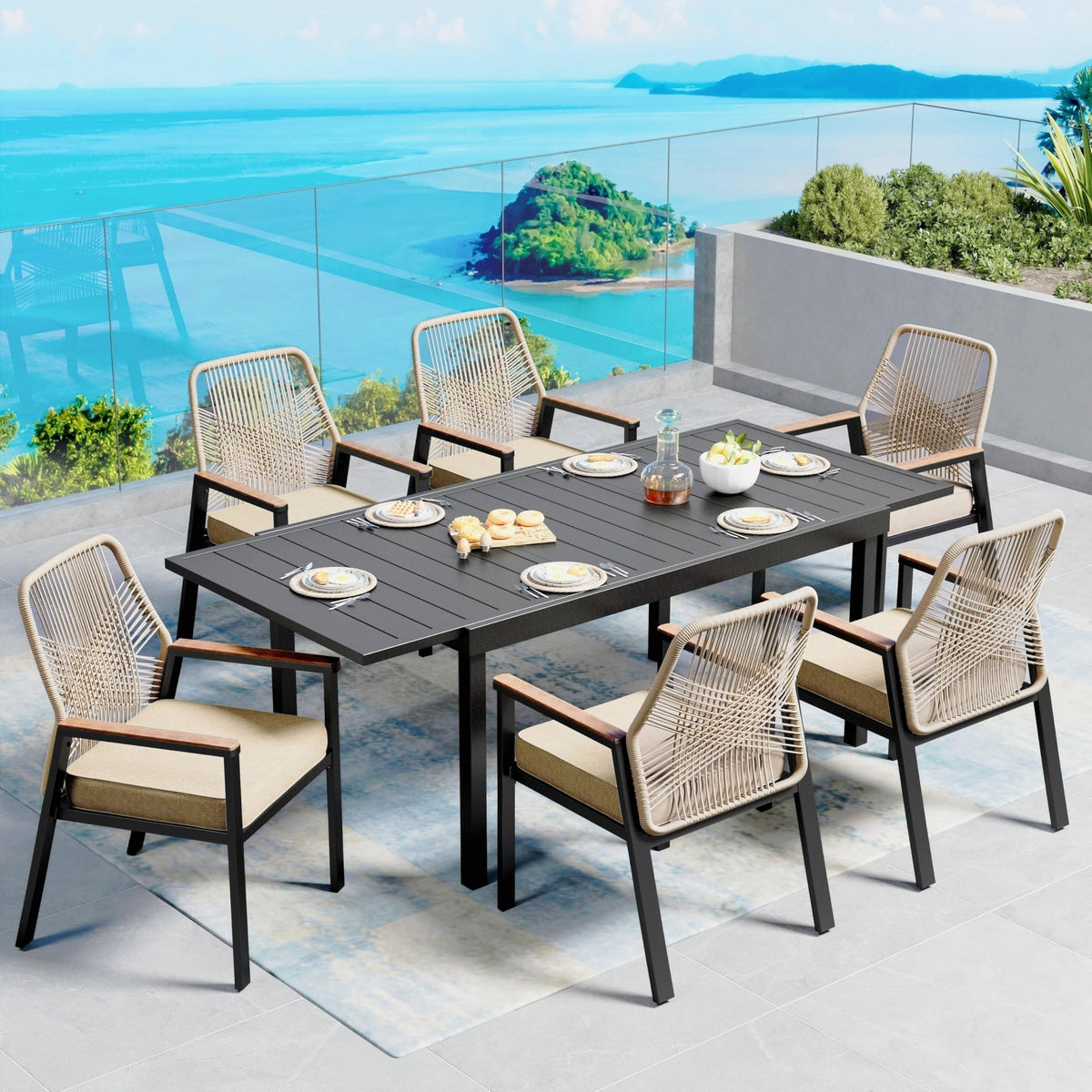 SUNSHINE VALLEY 9pc Patio Dining Set, 57.5" Square Table & 8 Rattan Chairs