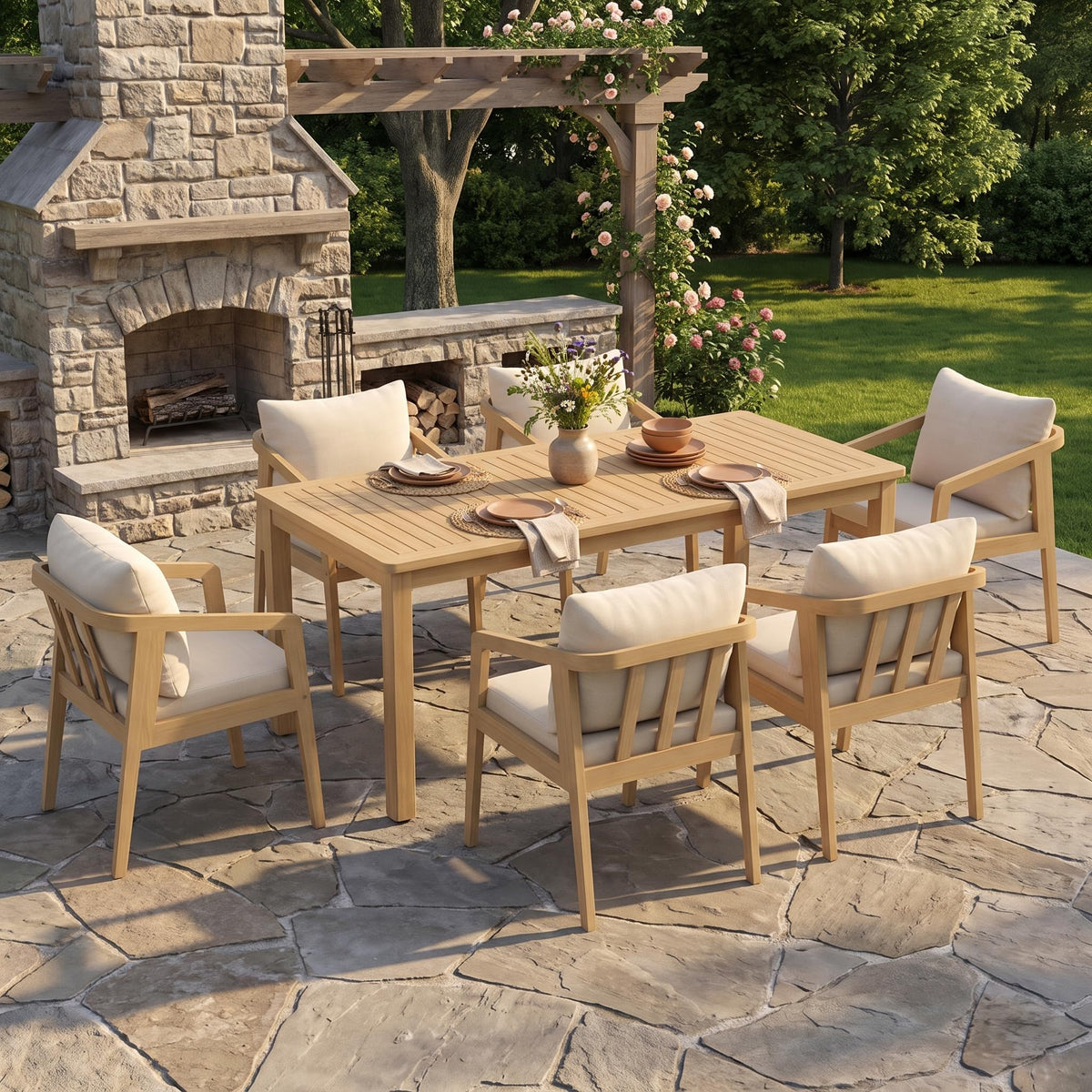 FansaFurn 6 Piece Acacia Outdoor Patio Table and Chairs Set for All-Weather
