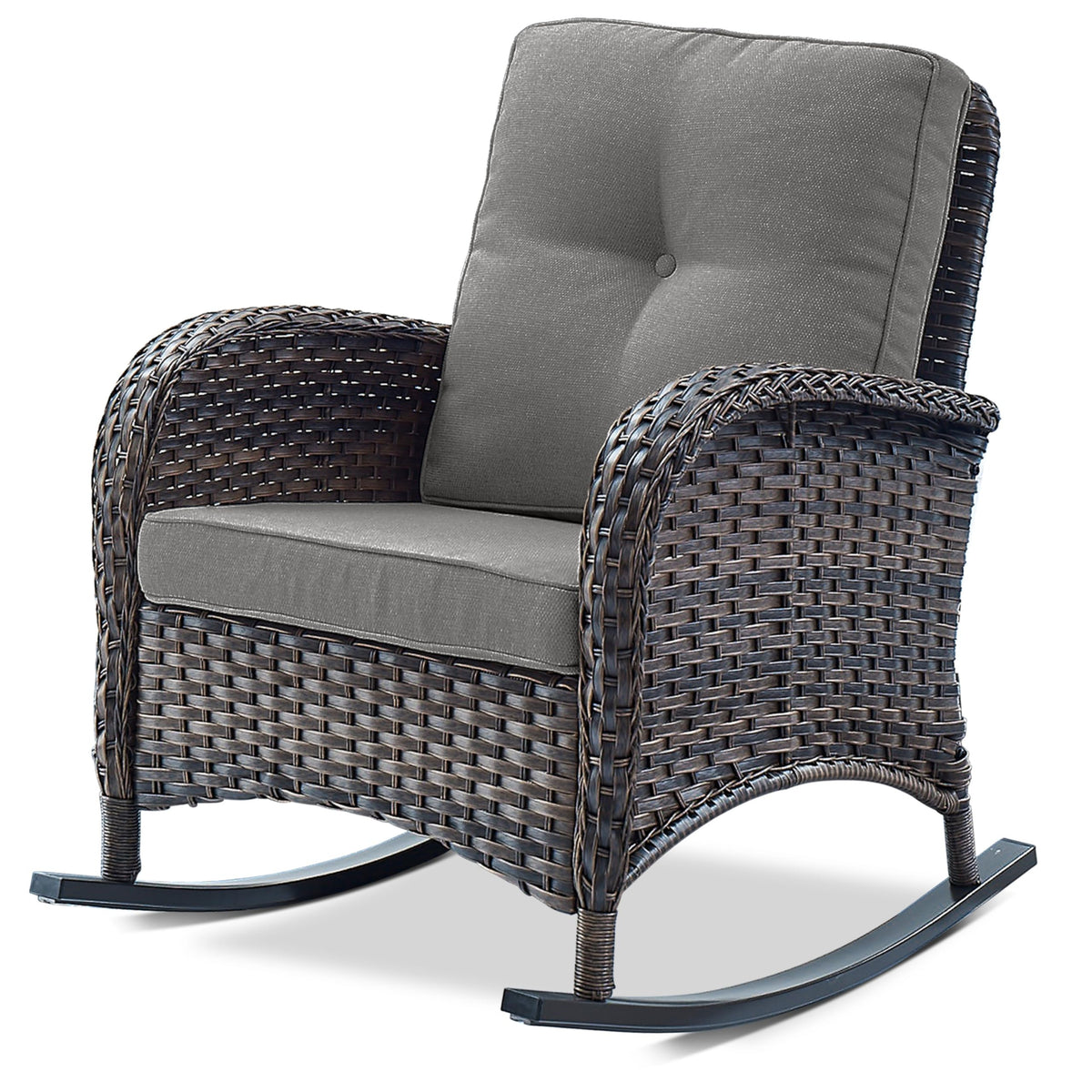 Belord Patio Rocking Chair Wicker Chair, 1 Piece Outdoor Rocking Chair Seating with Cushions for Porch Deck Balcony, Brown/Blue