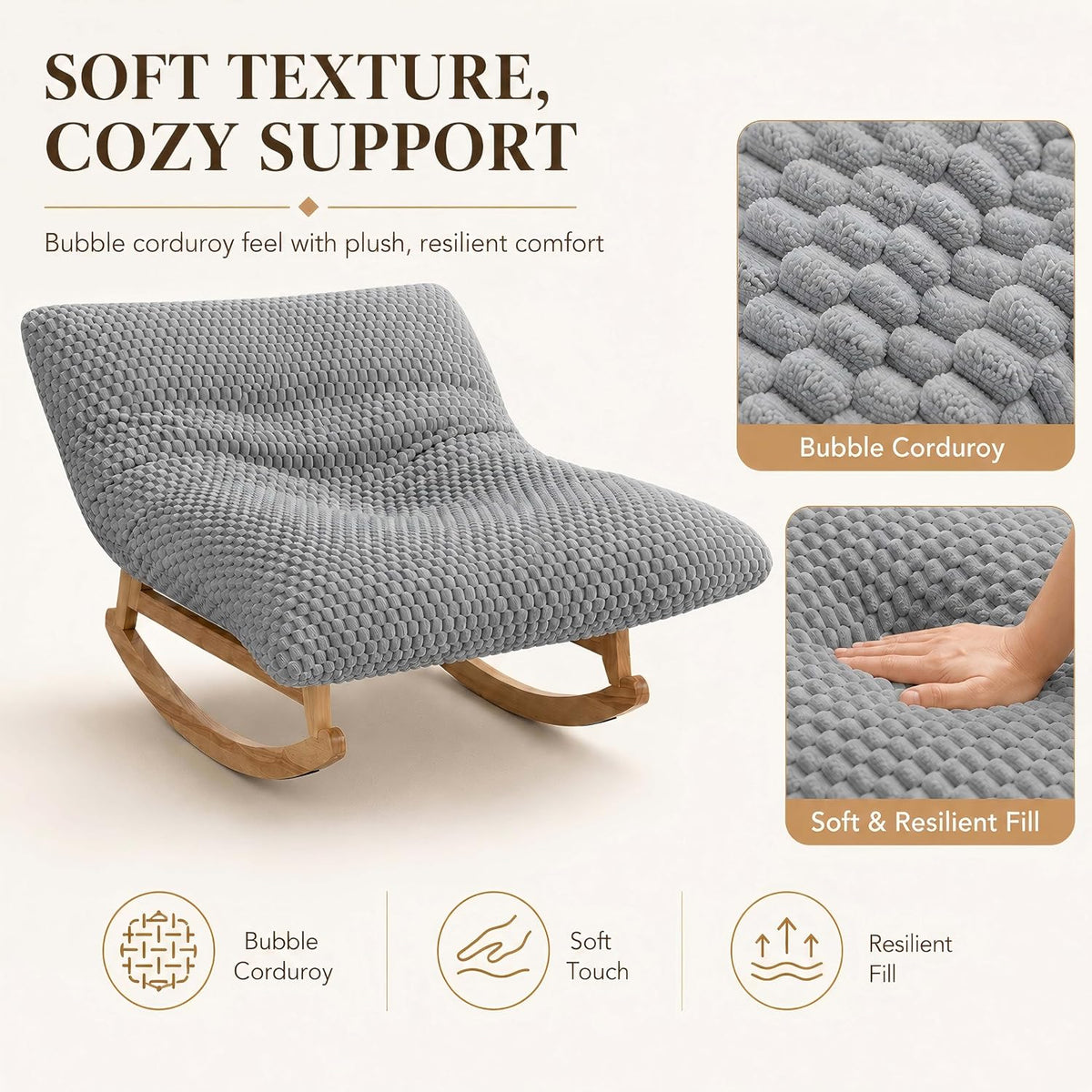Oversized Rocking Chair Indoor with Corduroy Cushion (Light Grey)