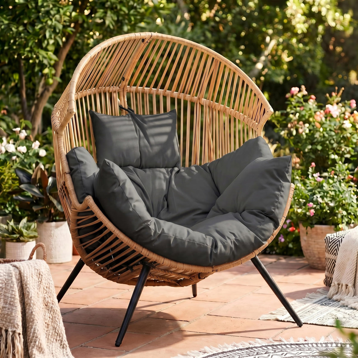 JAMFLY Egg Chair Rocking Chairs, Wicker Patio Chair Oversized Lounger Chair with Cushion for Indoor Living Room Bedroom Outdoor Patio Backyard Balcony Garden, Cream White