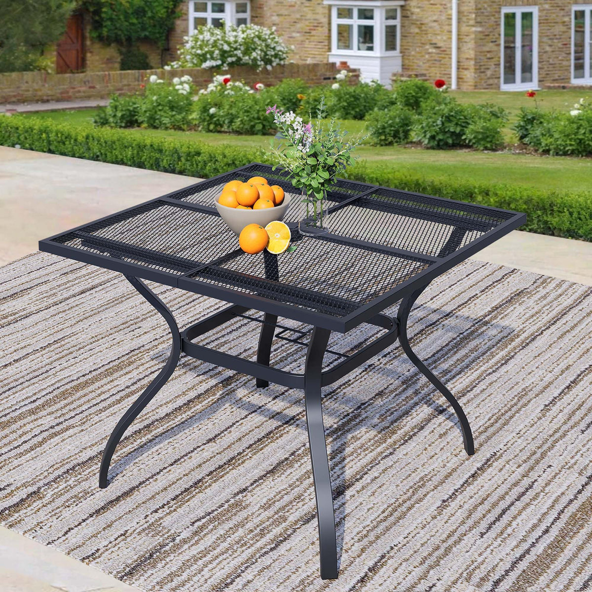 42" Round Patio Dining Table for 4, All-Weather Metal Patio Table with Umbrella Hole, Outdoor Round Dining Table for Lawn Garden Porch, Honey Oak