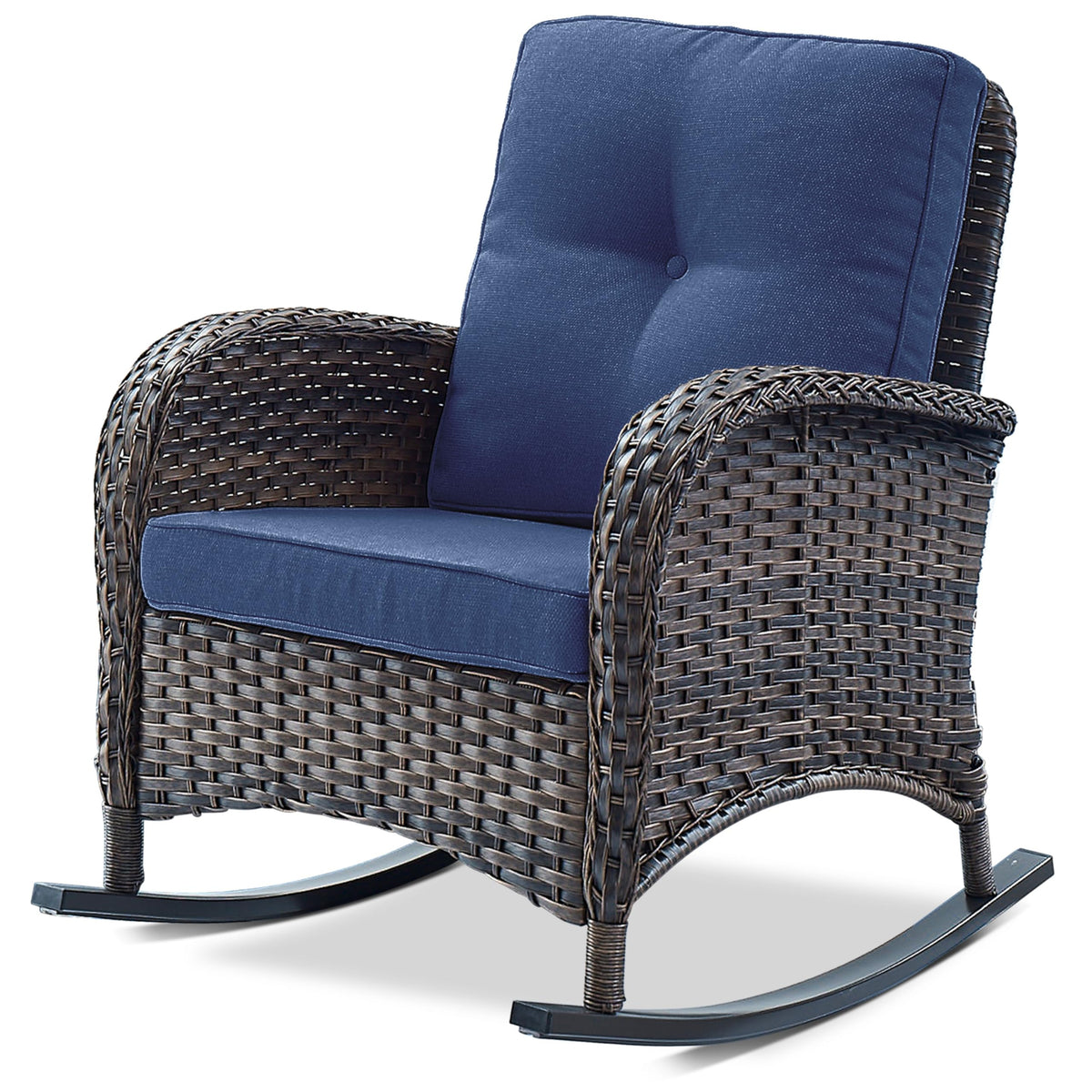 Belord Patio Rocking Chair Wicker Chair, 1 Piece Outdoor Rocking Chair Seating with Cushions for Porch Deck Balcony, Brown/Blue